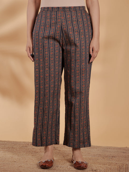 Soft Cotton Striped Blue Straight Trousers