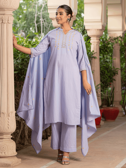 Embroidered Cotton Voile Solid Lavender Dupatta