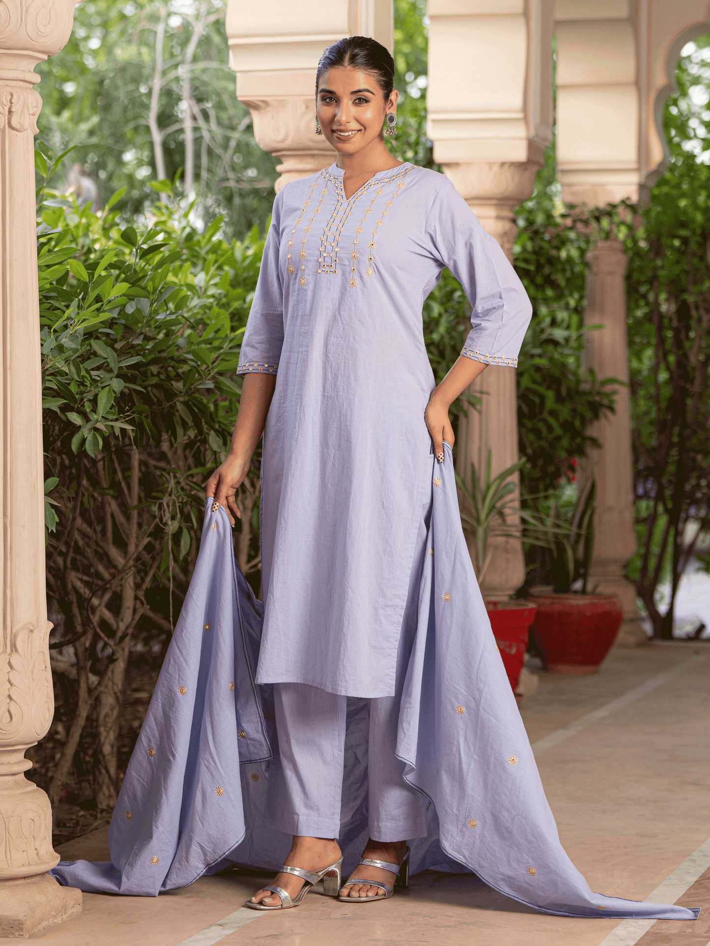 Embroidered Cotton Voile Solid Lavender Dupatta