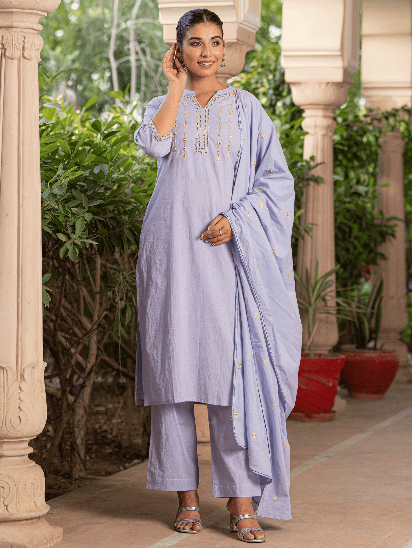 Embroidered Cotton Voile Solid Lavender Dupatta