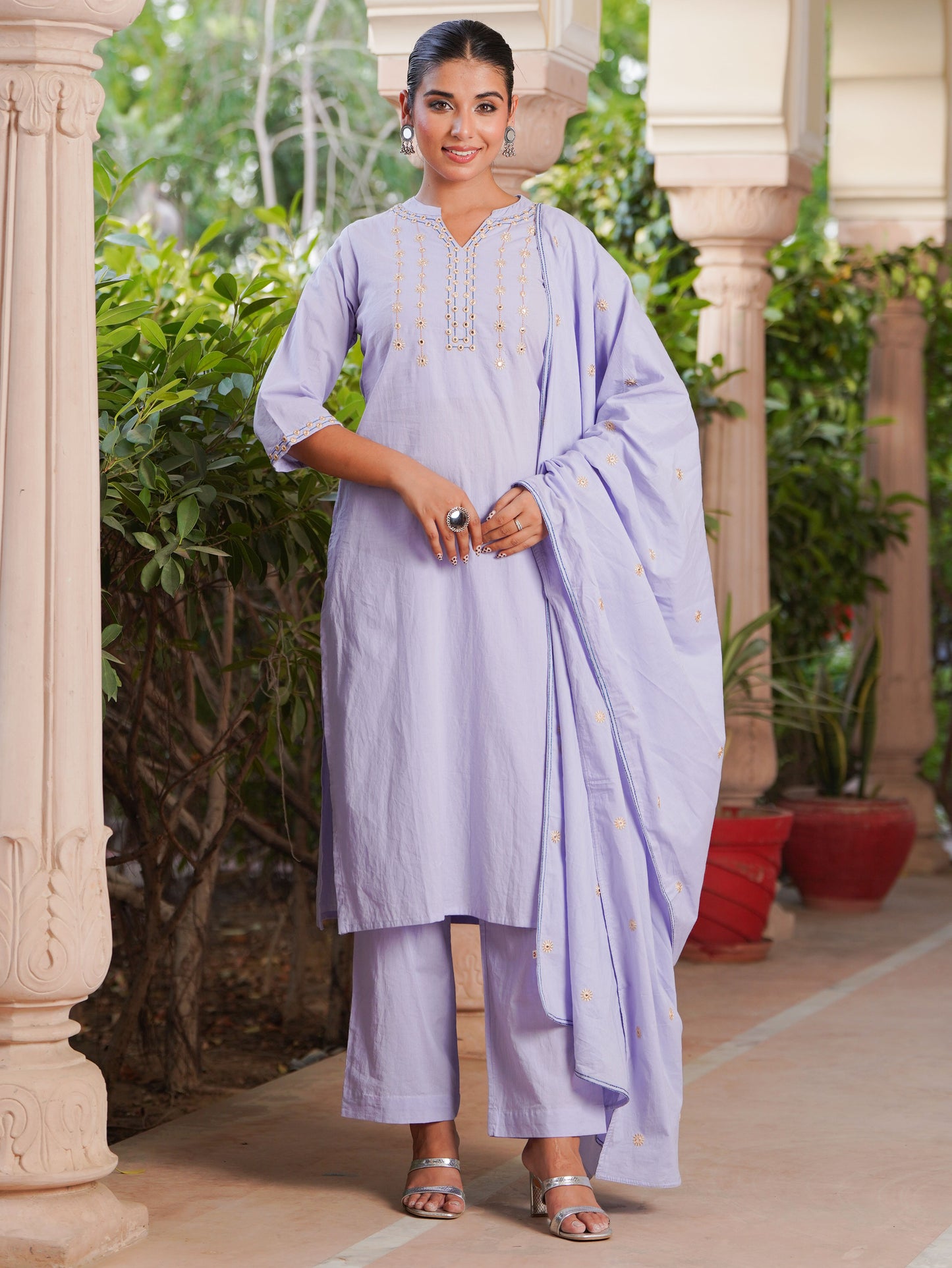Embroidered Soft Cotton Solid Straight Lavender Kurta