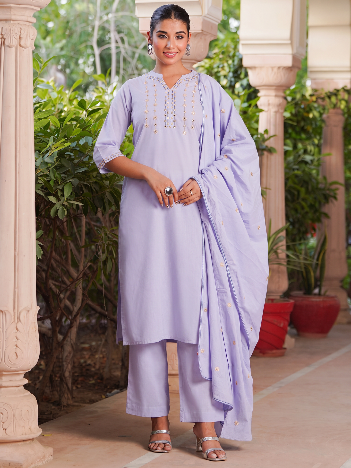 Embroidered Soft Cotton Solid Straight Lavender Kurta