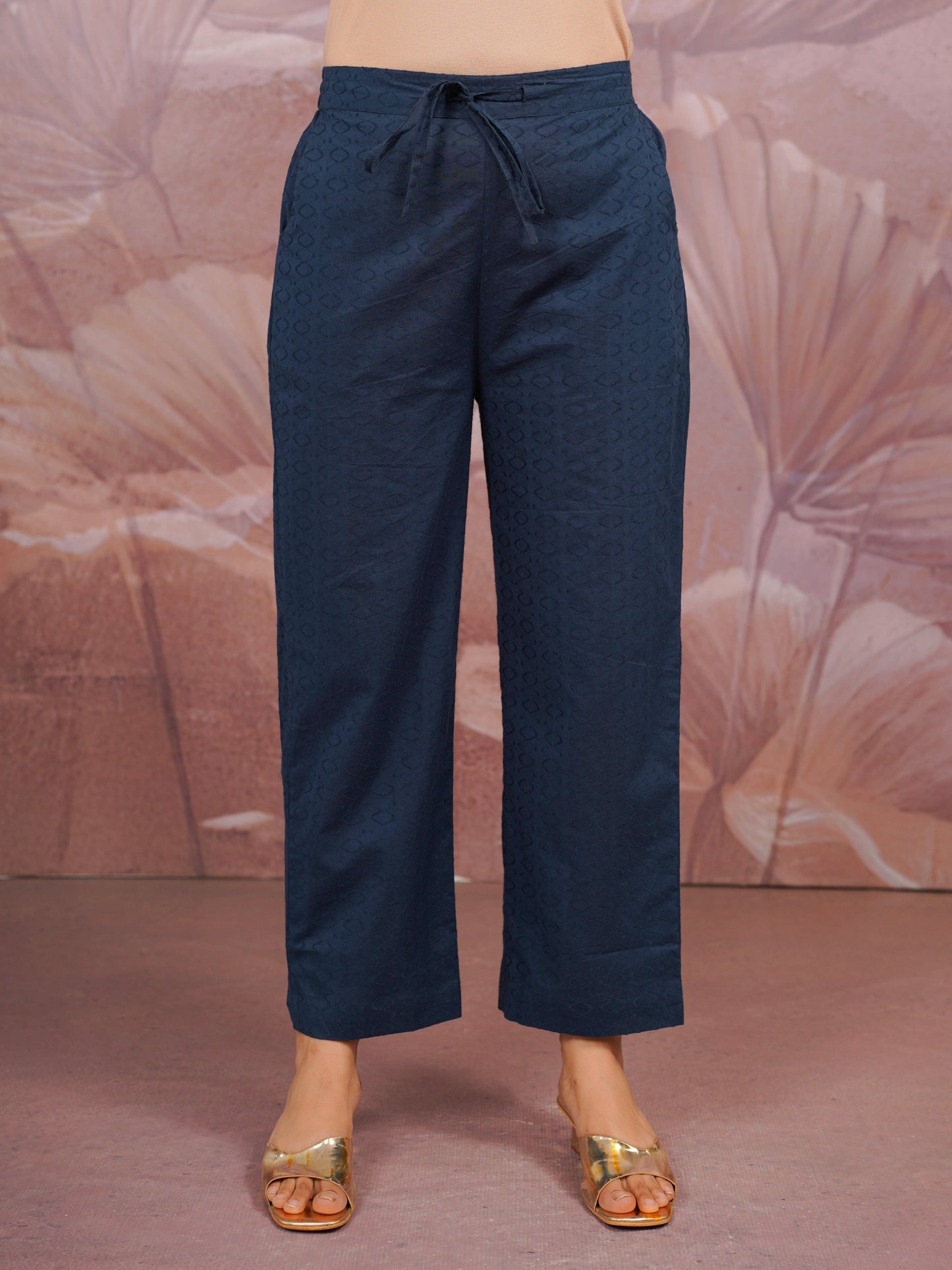 Cotton Dobby Solid Blue Straight Trousers