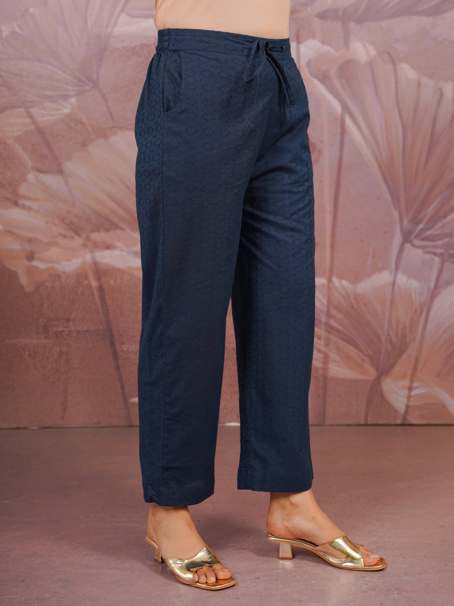 Cotton Dobby Solid Blue Straight Trousers