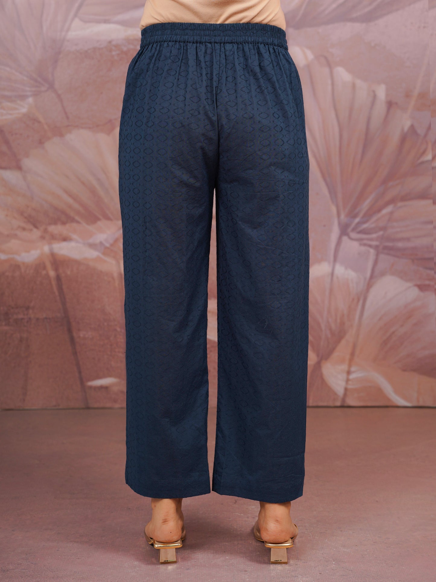 Cotton Dobby Solid Blue Straight Trousers