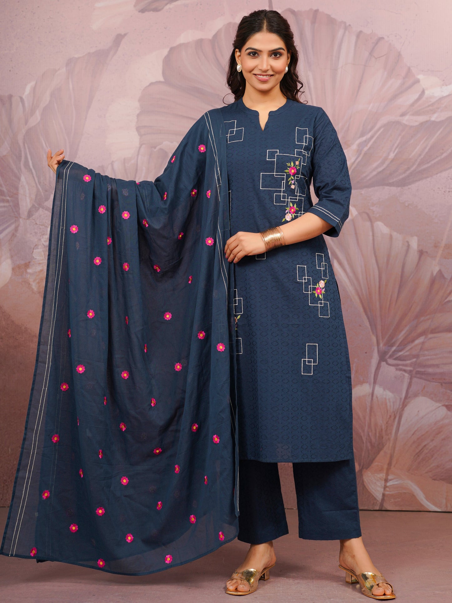 Embroidered Cotton Voile Solid Blue Dupatta