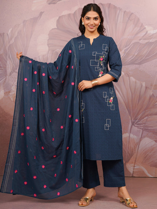 Embroidered Cotton Voile Solid Blue Dupatta