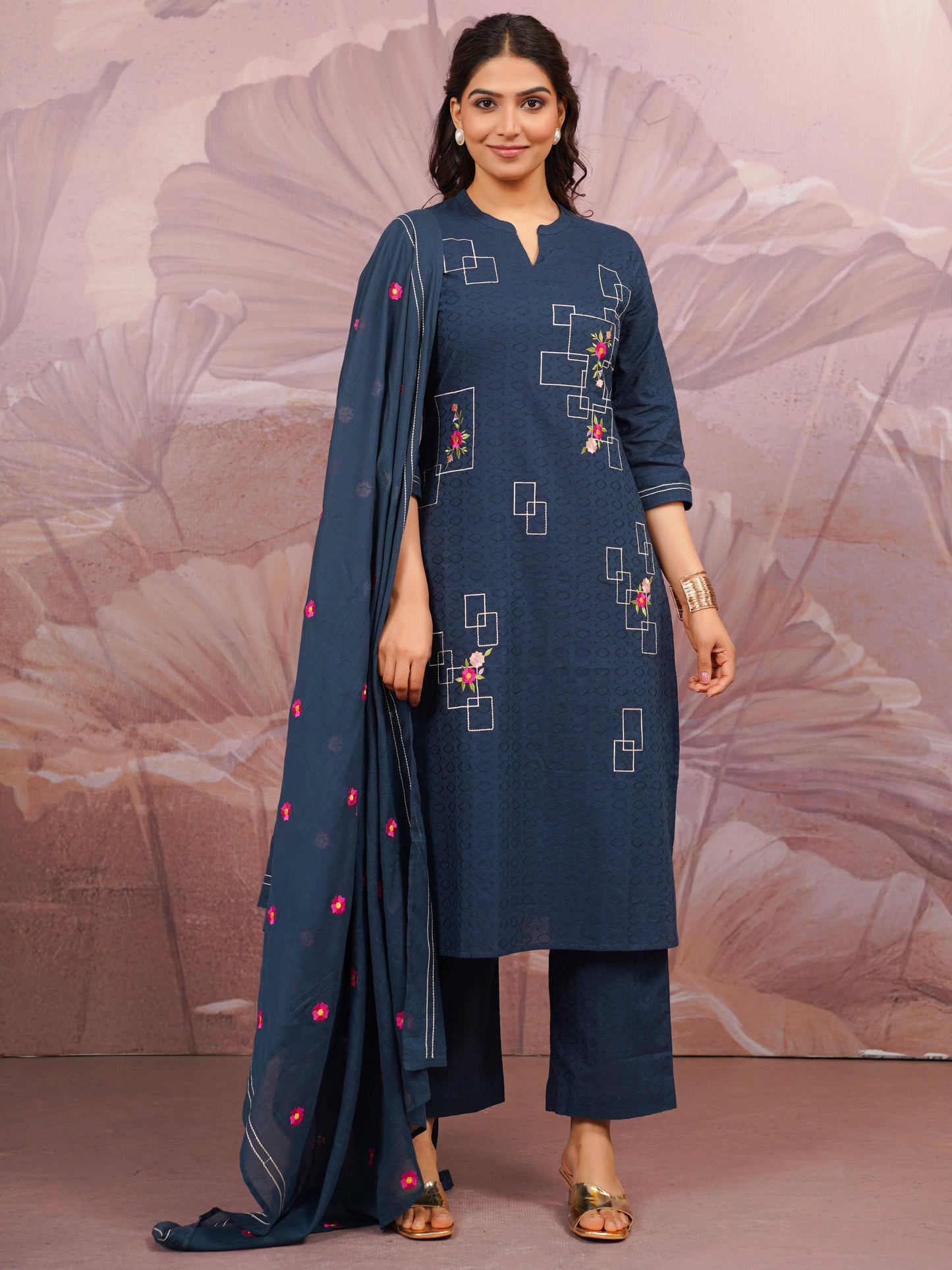 Embroidered Cotton Voile Solid Blue Dupatta