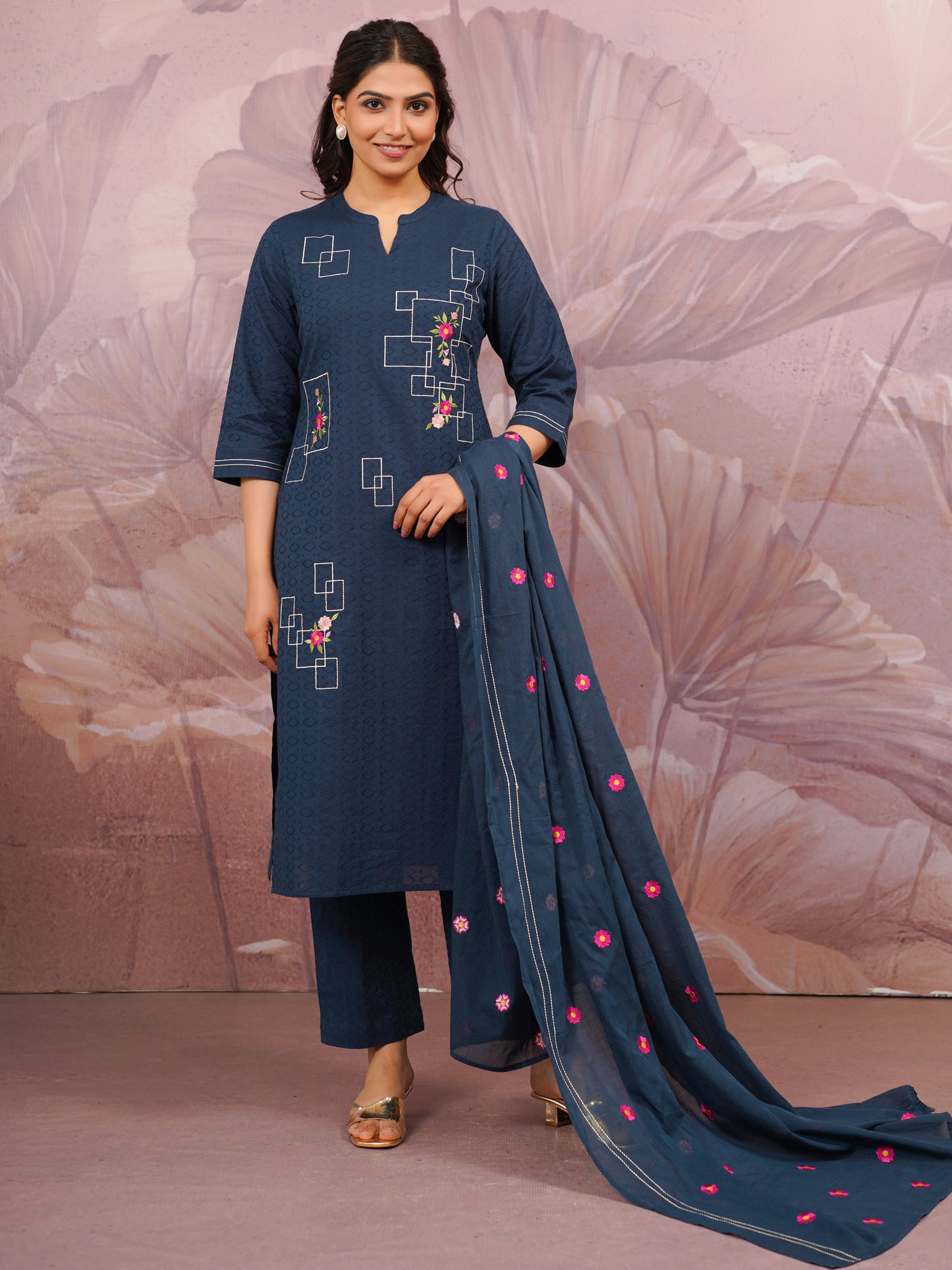 Embroidered Cotton Voile Solid Blue Dupatta