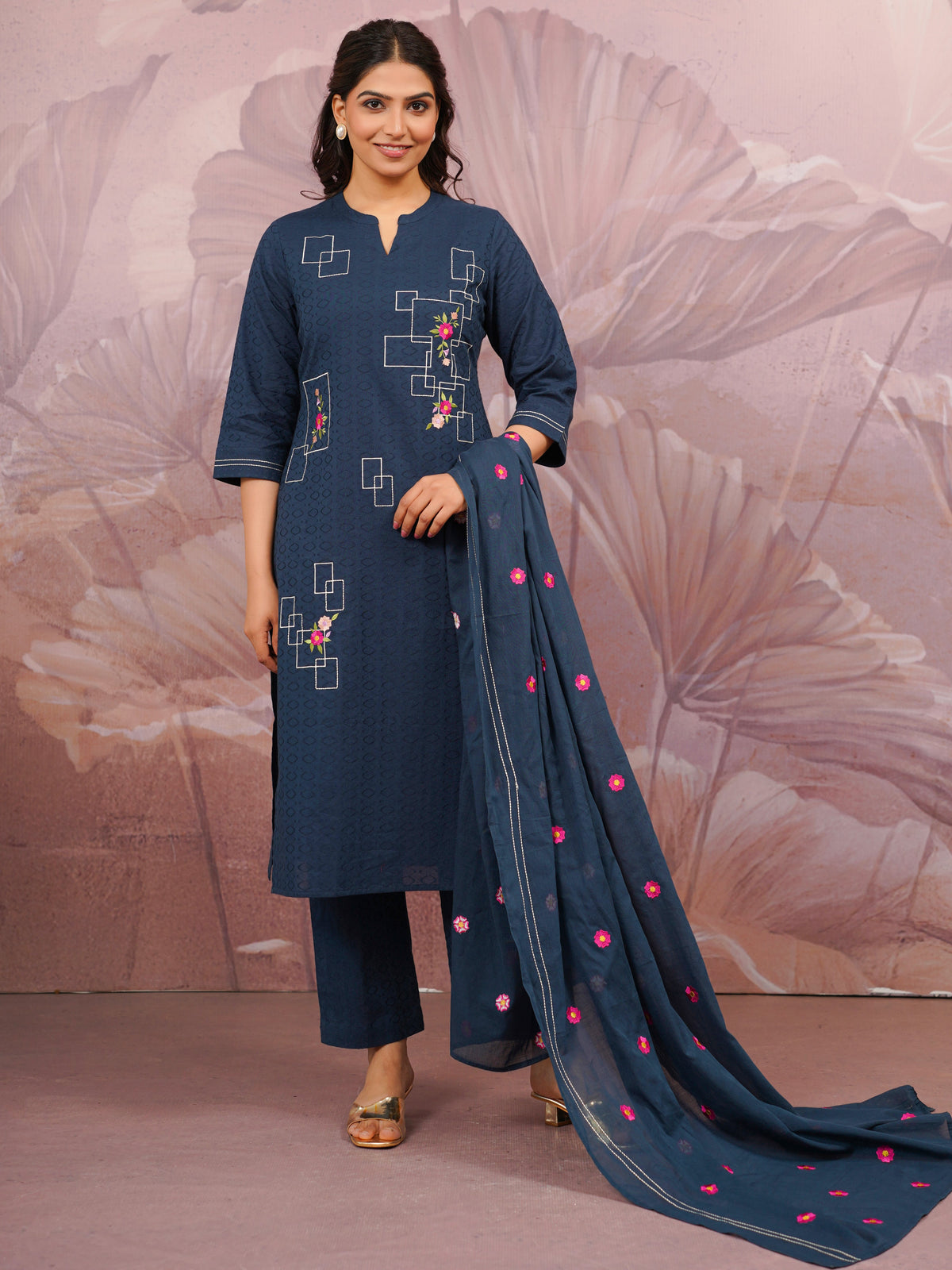 Embroidered Cotton Dobby Solid Straight Blue Kurta