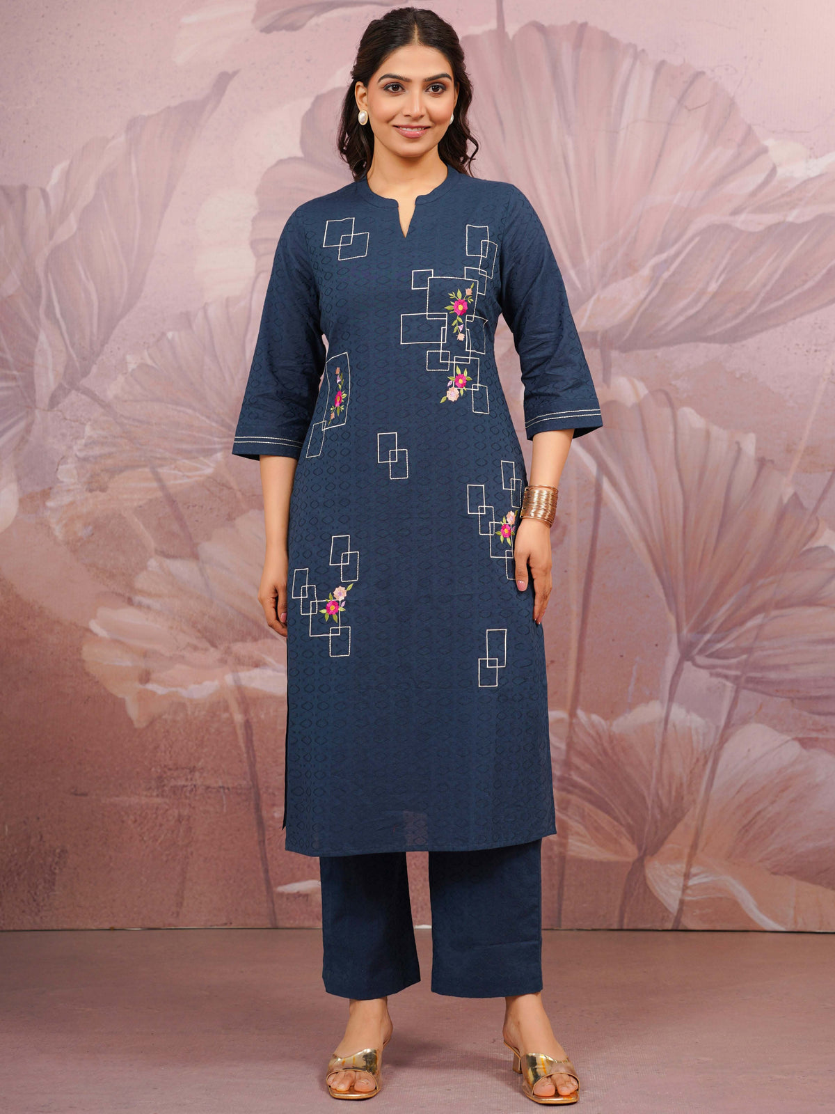 Embroidered Cotton Dobby Solid Straight Blue Kurta