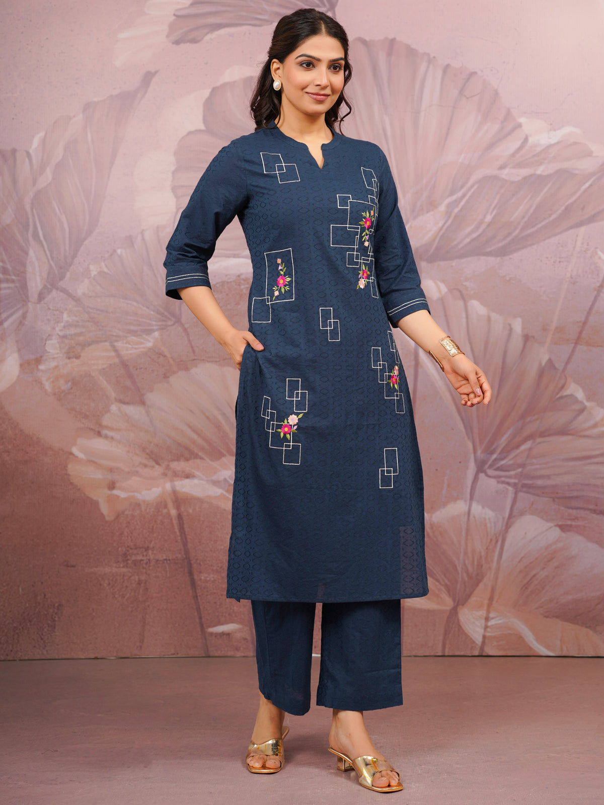 Embroidered Cotton Dobby Solid Straight Blue Kurta