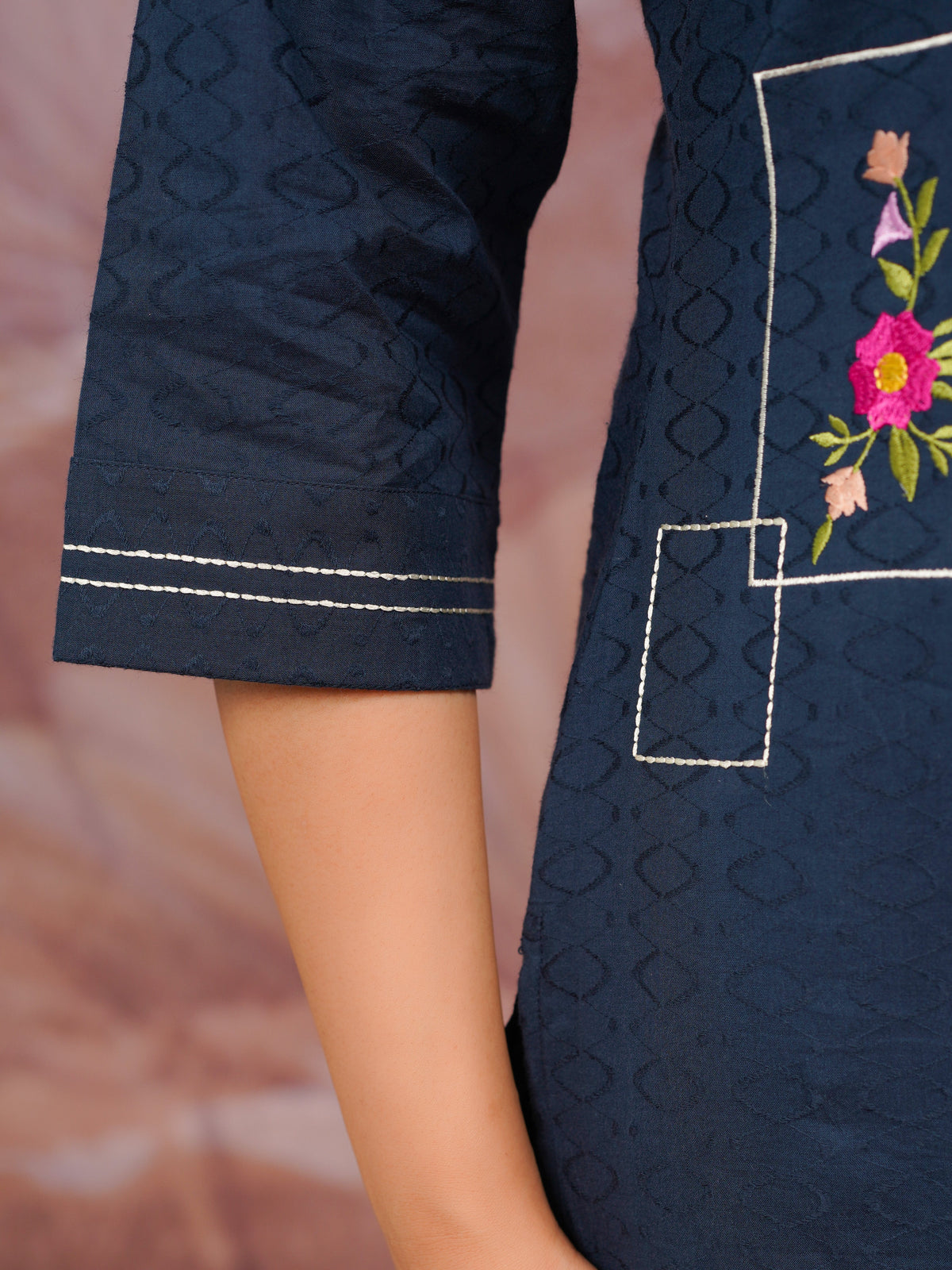 Embroidered Cotton Dobby Solid Straight Blue Kurta