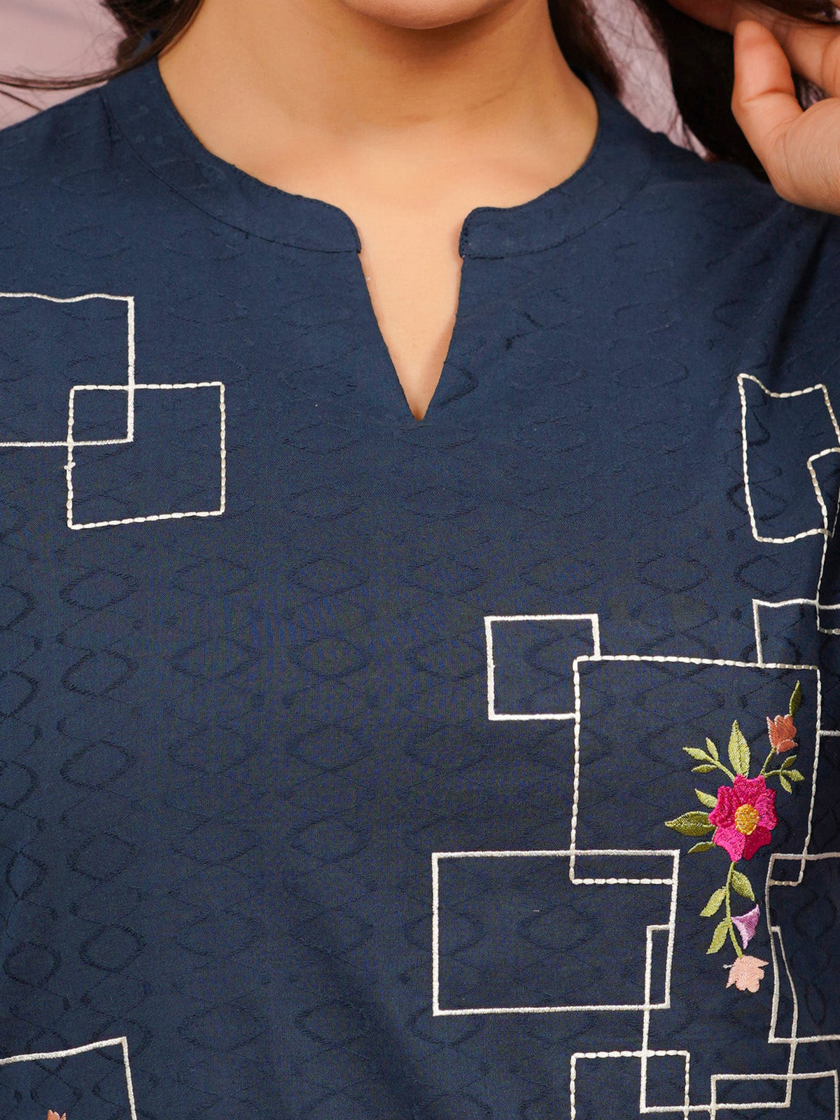 Embroidered Cotton Dobby Solid Straight Blue Kurta