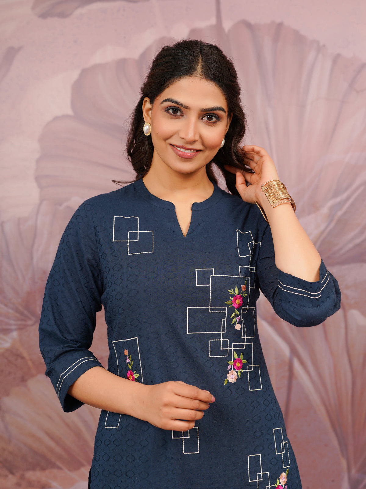 Embroidered Cotton Dobby Solid Straight Blue Kurta