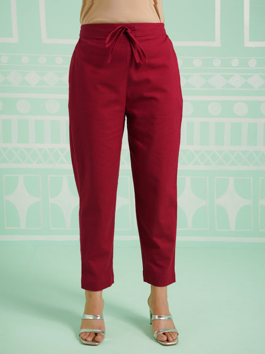 Linen Cotton Solid Maroon Tapered Trousers