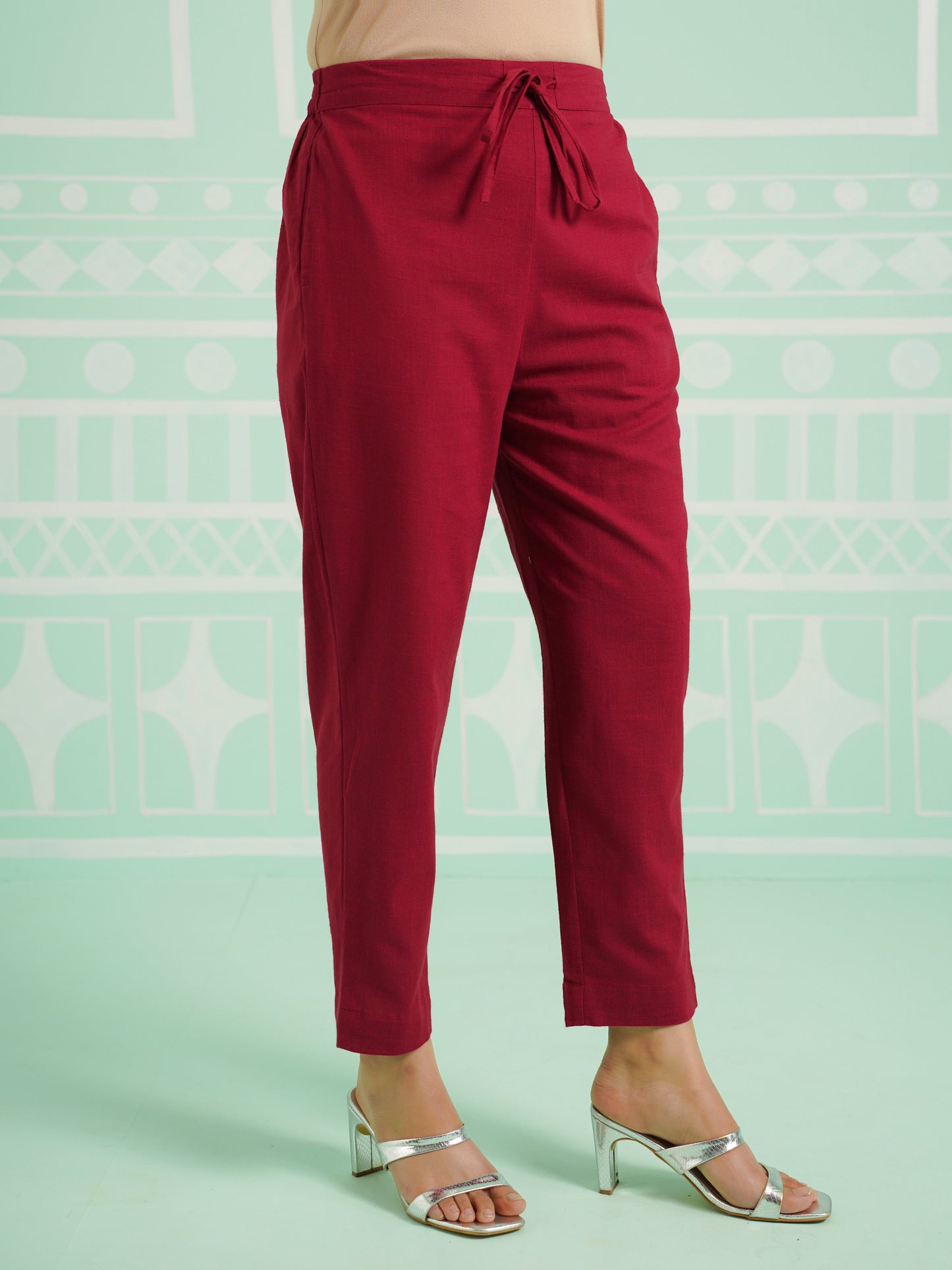 Linen Cotton Solid Maroon Tapered Trousers