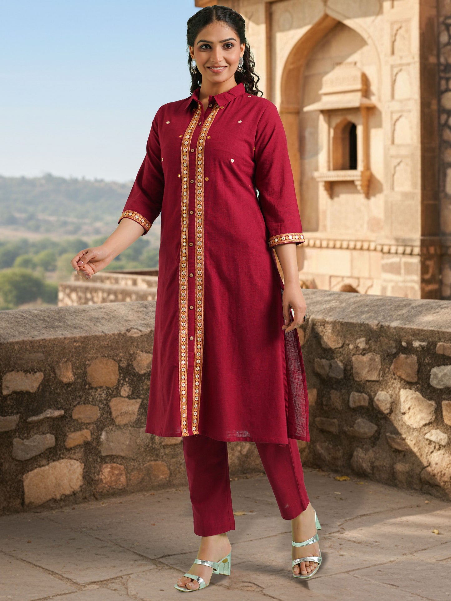 Embroidered Linen Cotton Solid High Low Maroon Kurta