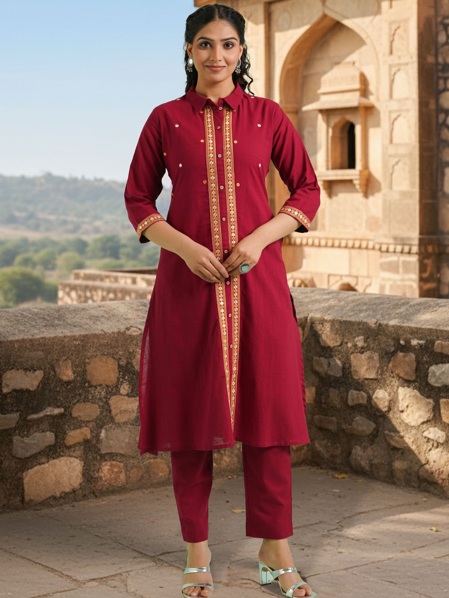 Embroidered Linen Cotton Solid High Low Maroon Kurta