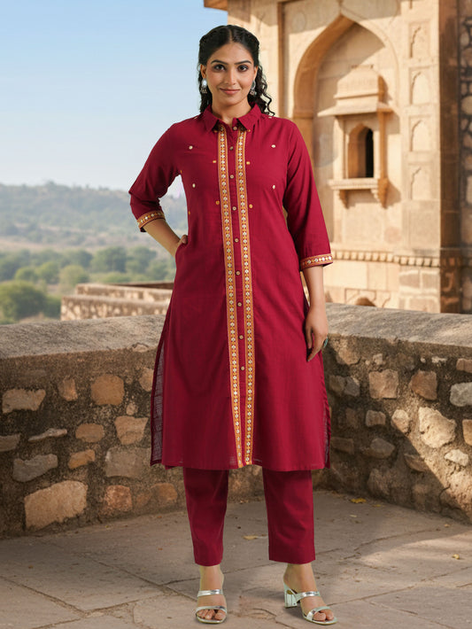 Embroidered Linen Cotton Solid High Low Maroon Kurta