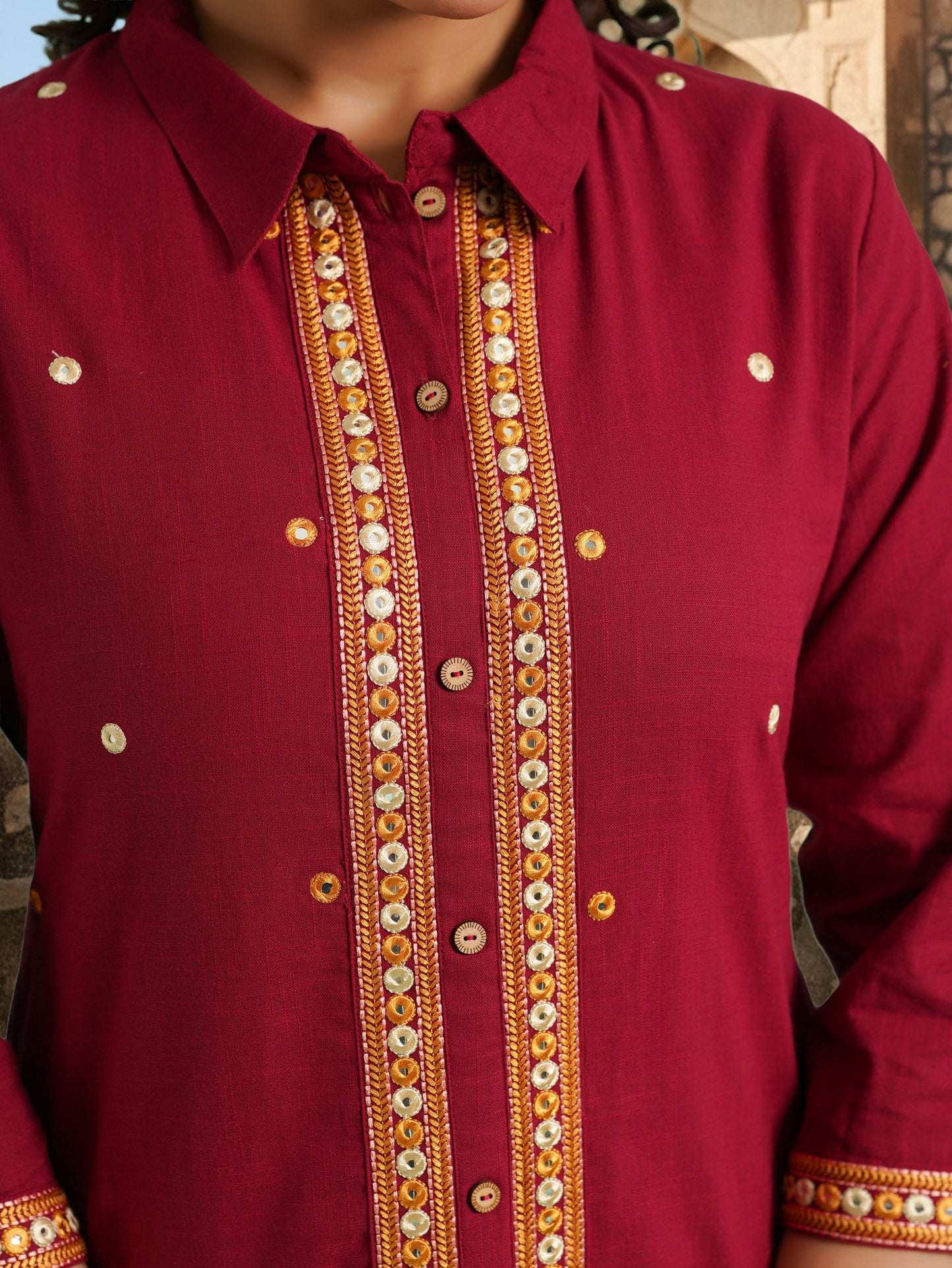 Embroidered Linen Cotton Solid High Low Maroon Kurta
