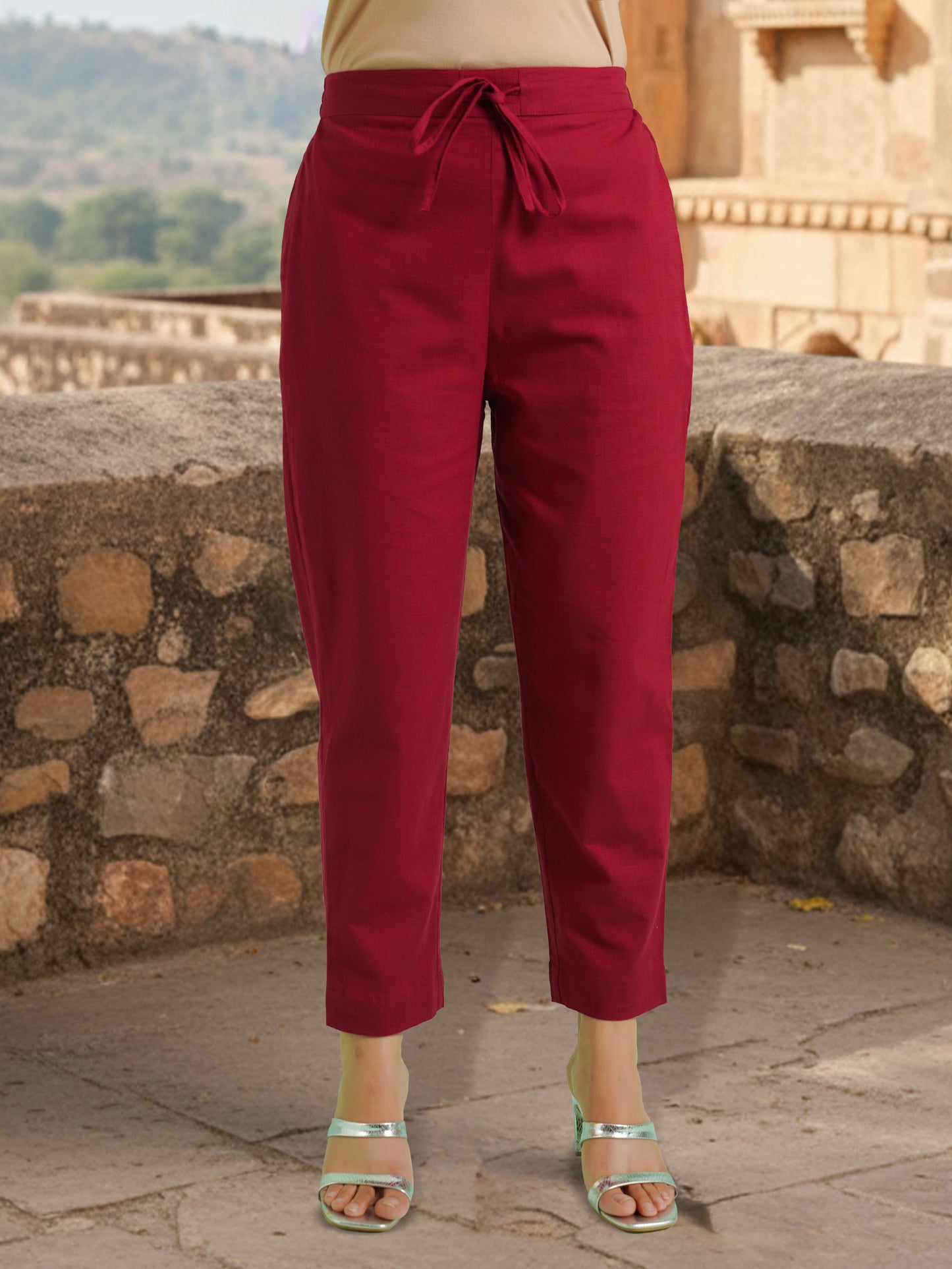 Embroidered Linen Cotton Solid High Low Maroon Kurta