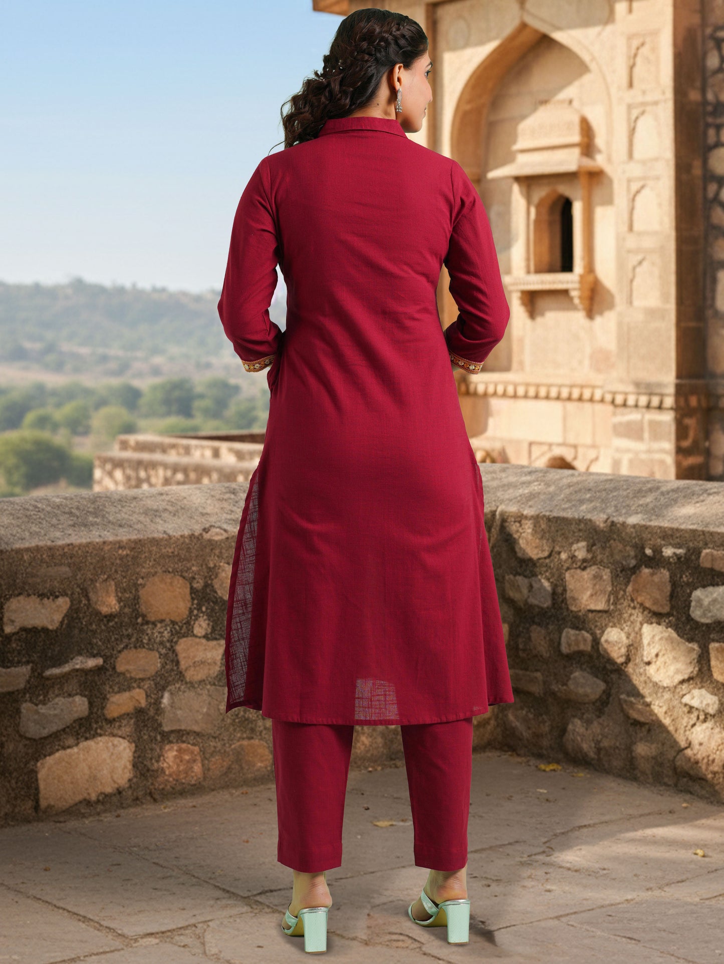 Embroidered Linen Cotton Solid High Low Maroon Kurta