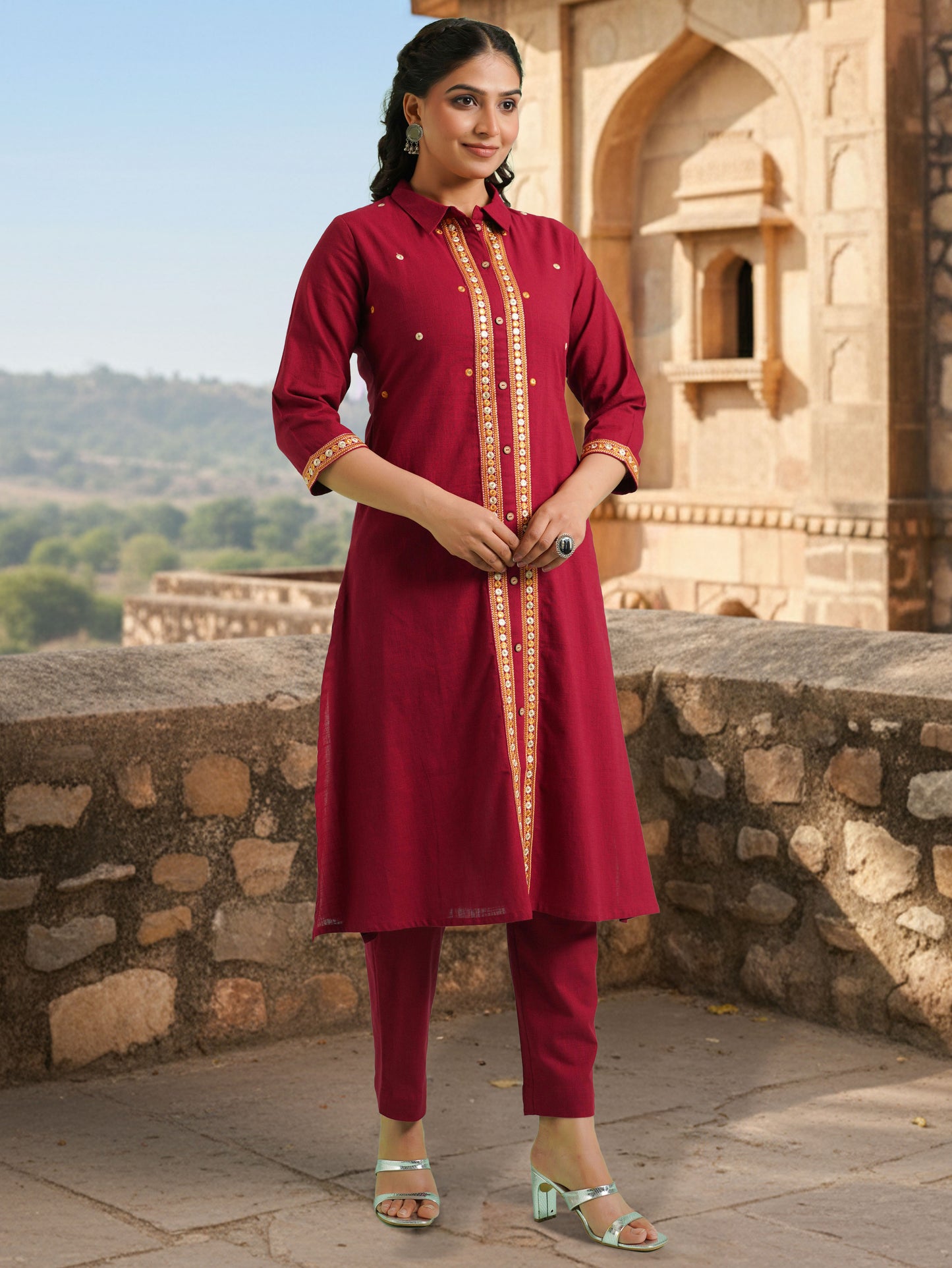 Embroidered Linen Cotton Solid High Low Maroon Kurta