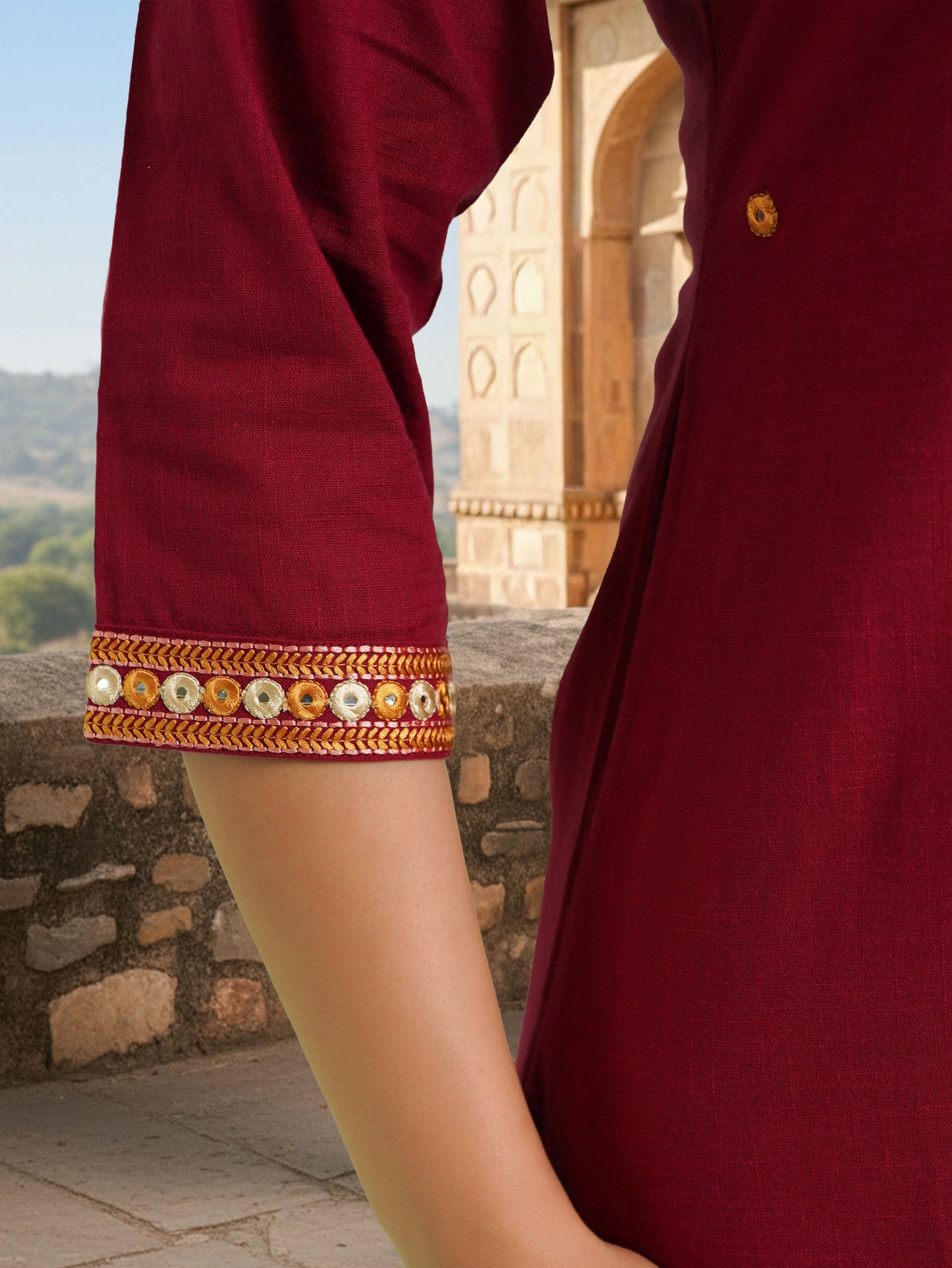 Embroidered Linen Cotton Solid High Low Maroon Kurta