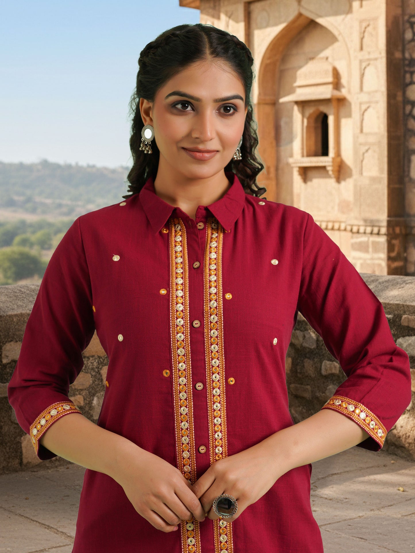 Embroidered Linen Cotton Solid High Low Maroon Kurta