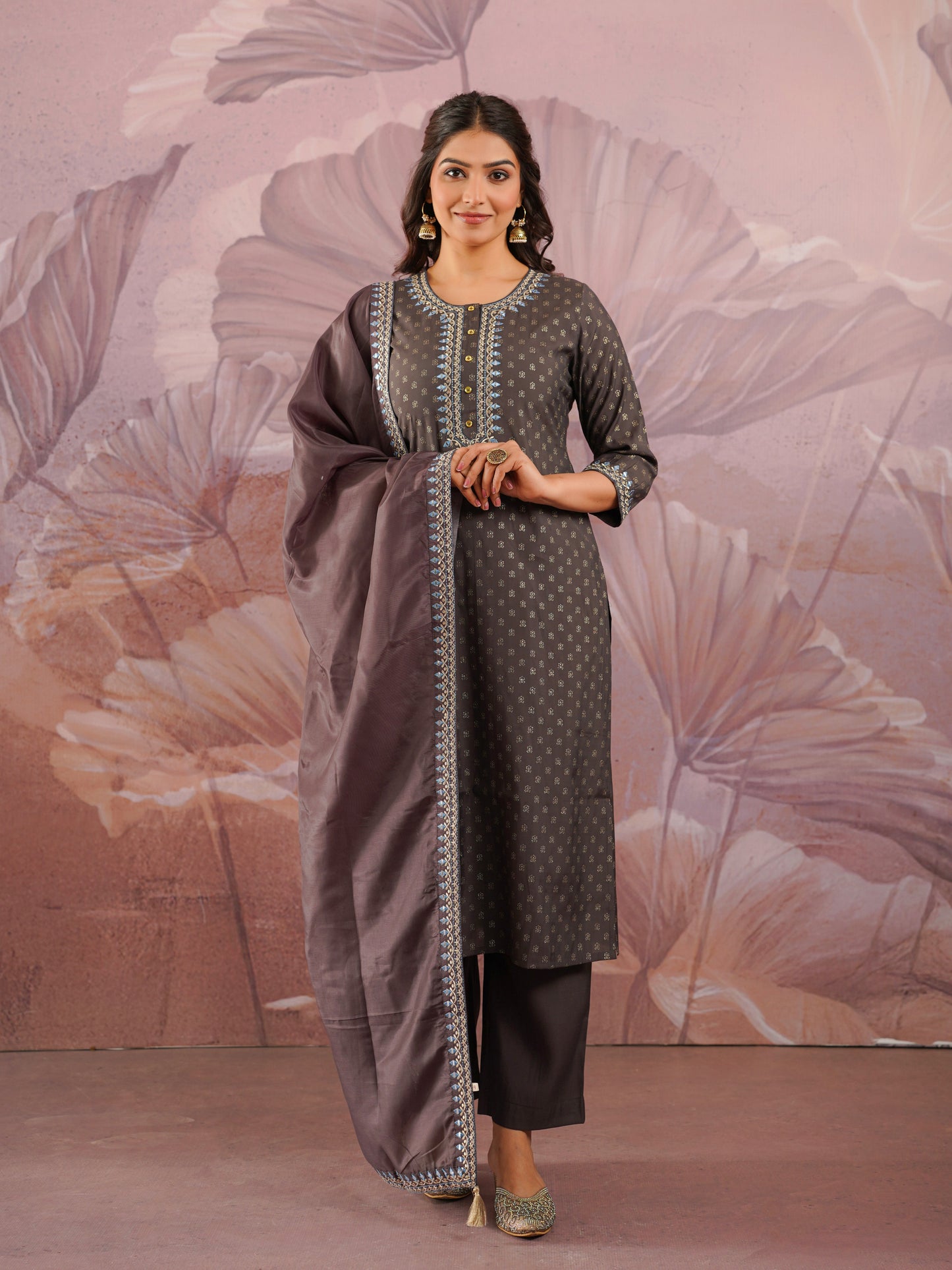 Embroidered Blended Silk Solid Grey Dupatta