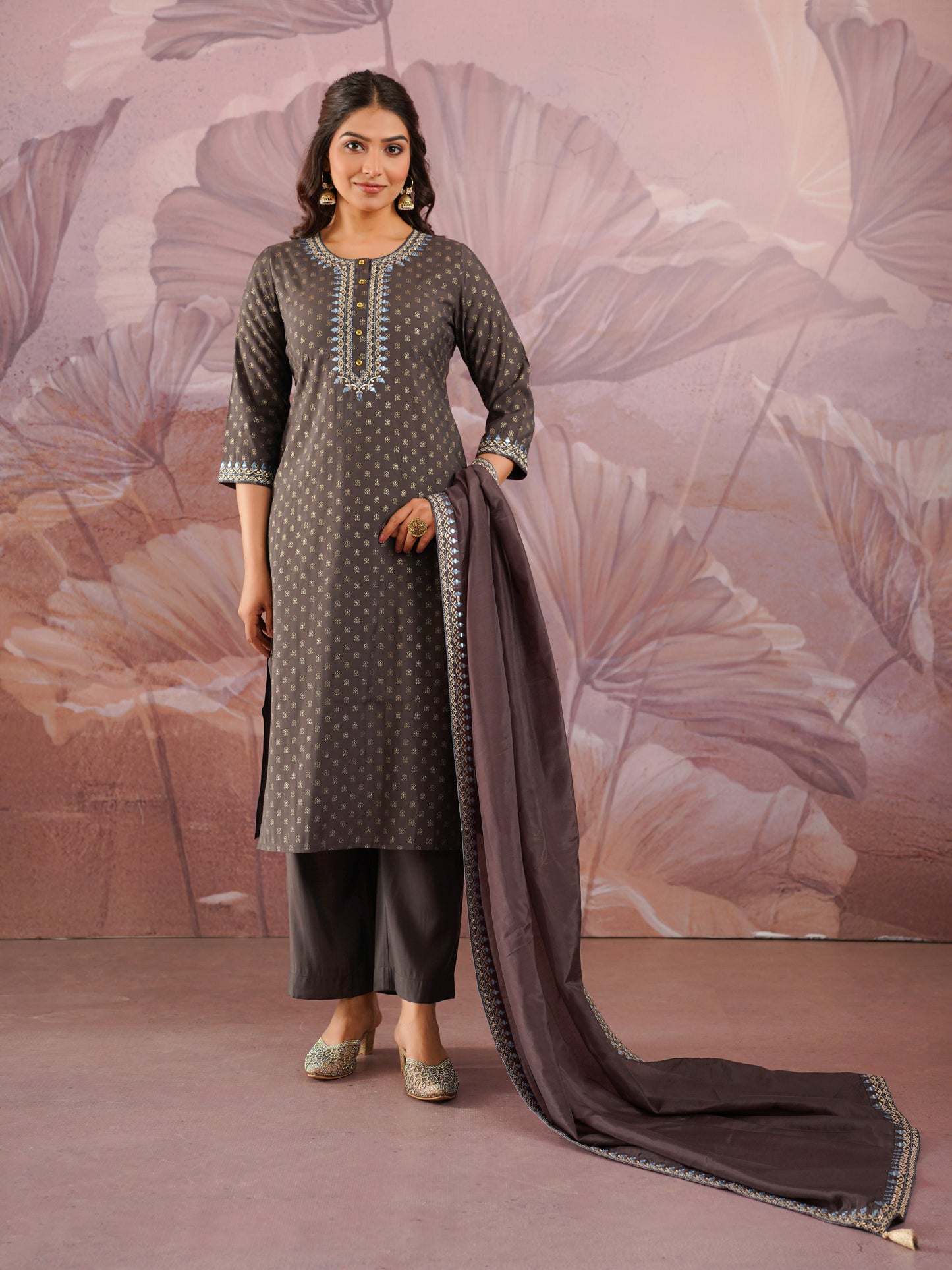 Embroidered Blended Silk Solid Grey Dupatta
