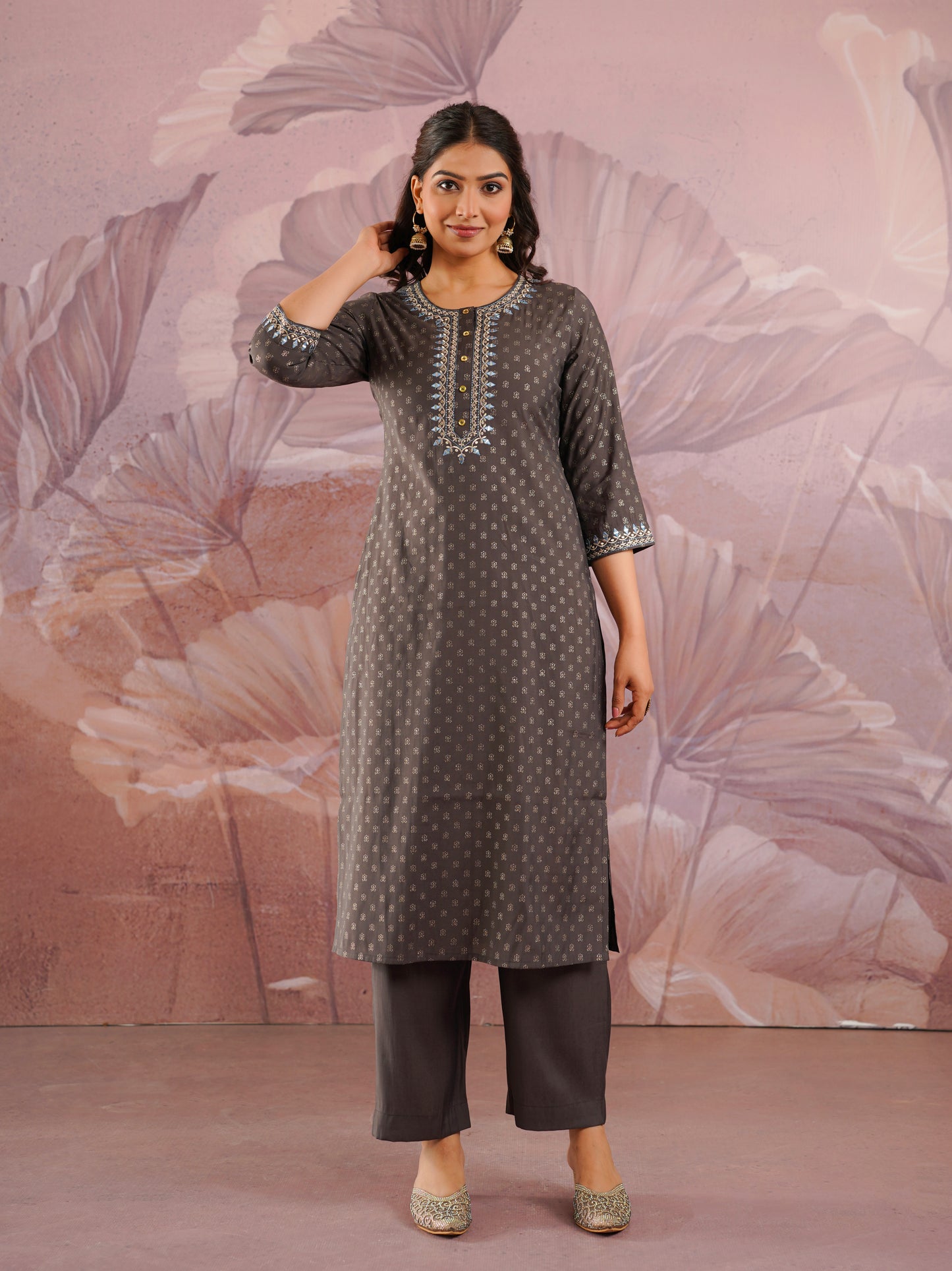 Embroidered Chanderi Gold foil Straight Grey Kurta