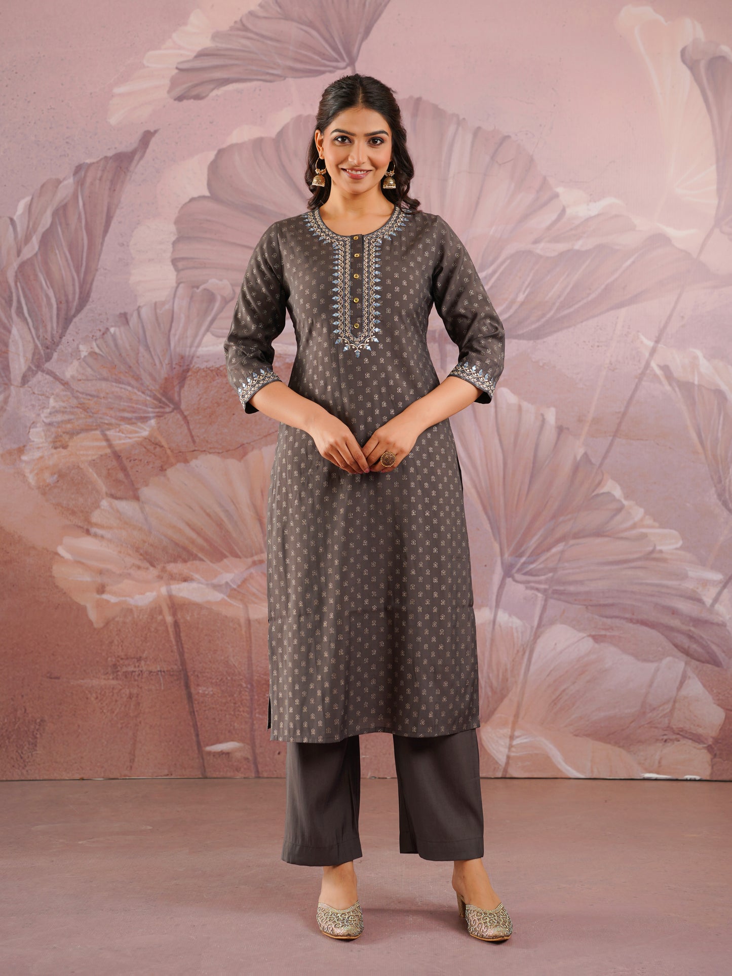 Embroidered Chanderi Gold foil Straight Grey Kurta