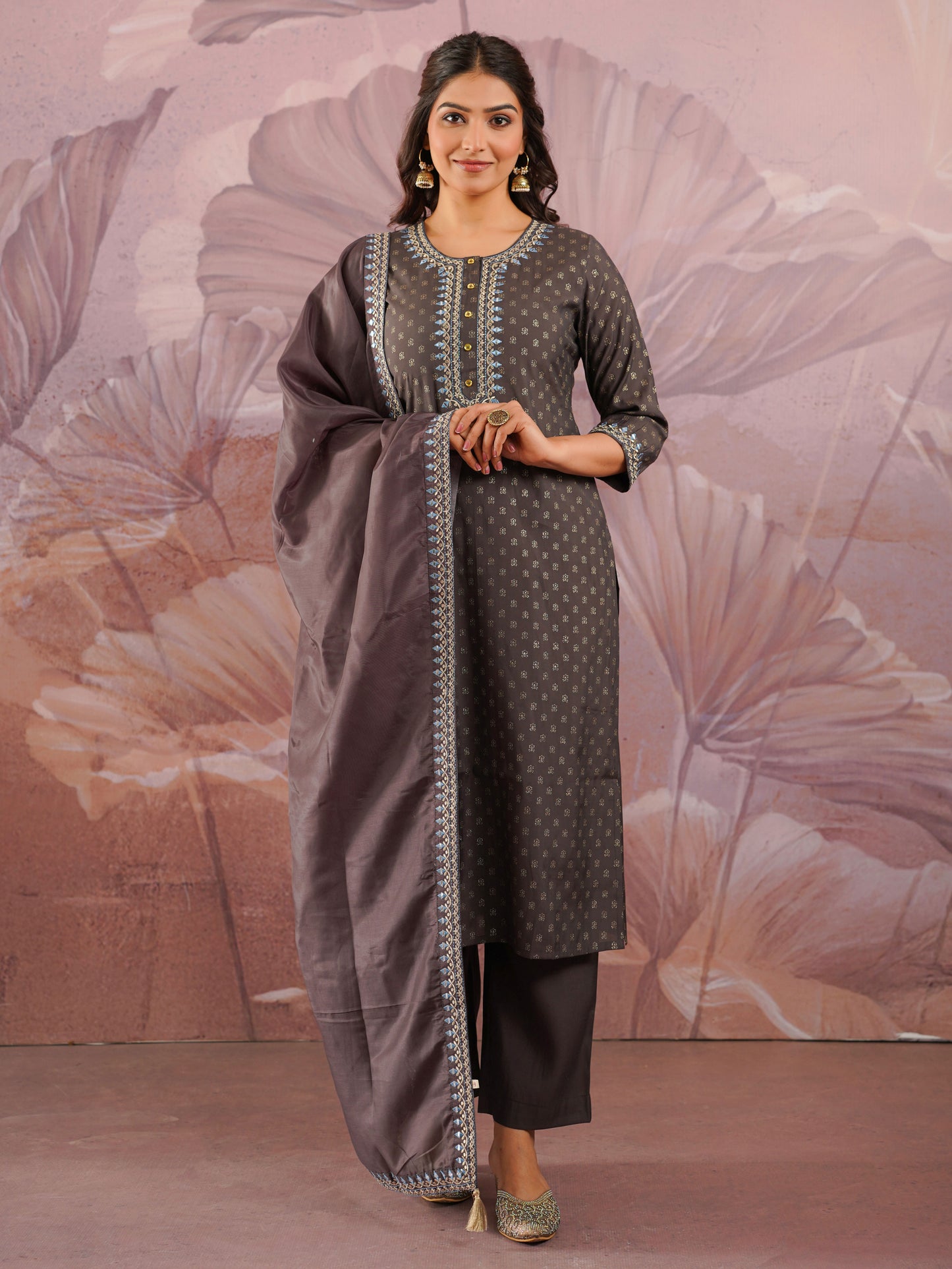 Embroidered Chanderi Gold foil Straight Grey Kurta