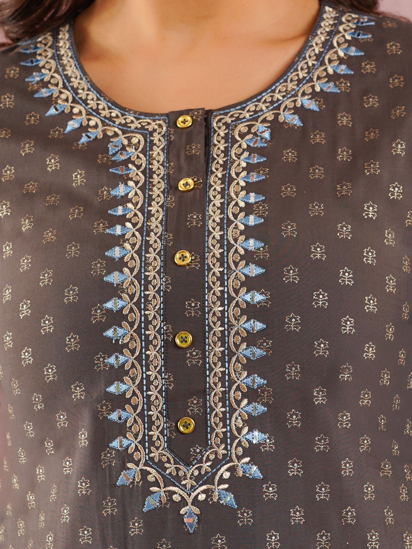 Embroidered Chanderi Gold foil Straight Grey Kurta