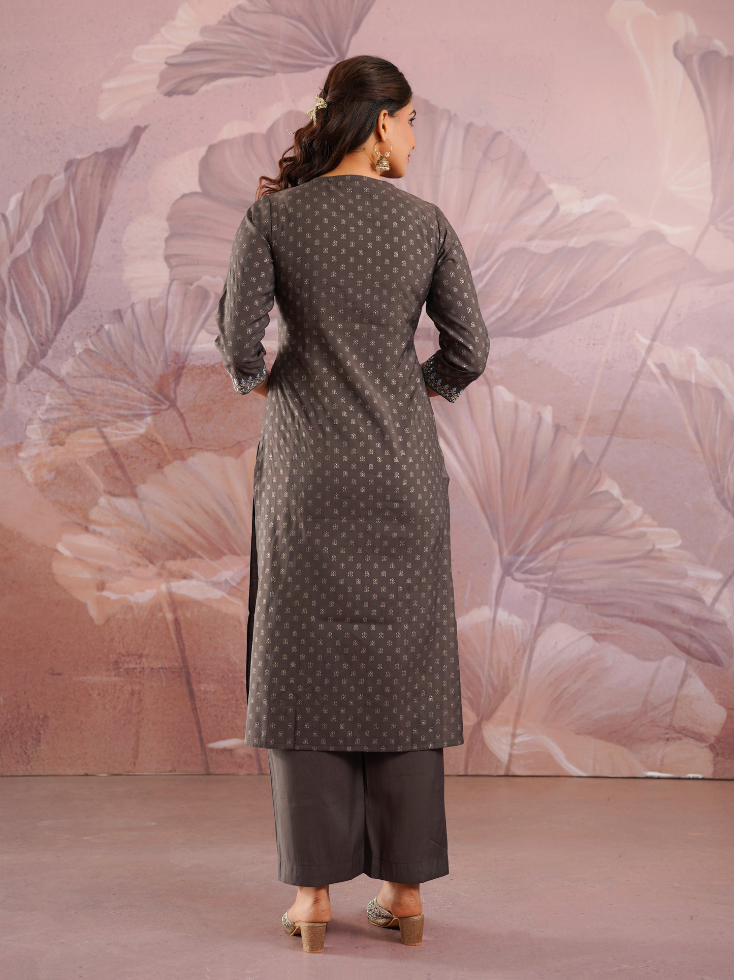 Embroidered Chanderi Gold foil Straight Grey Kurta