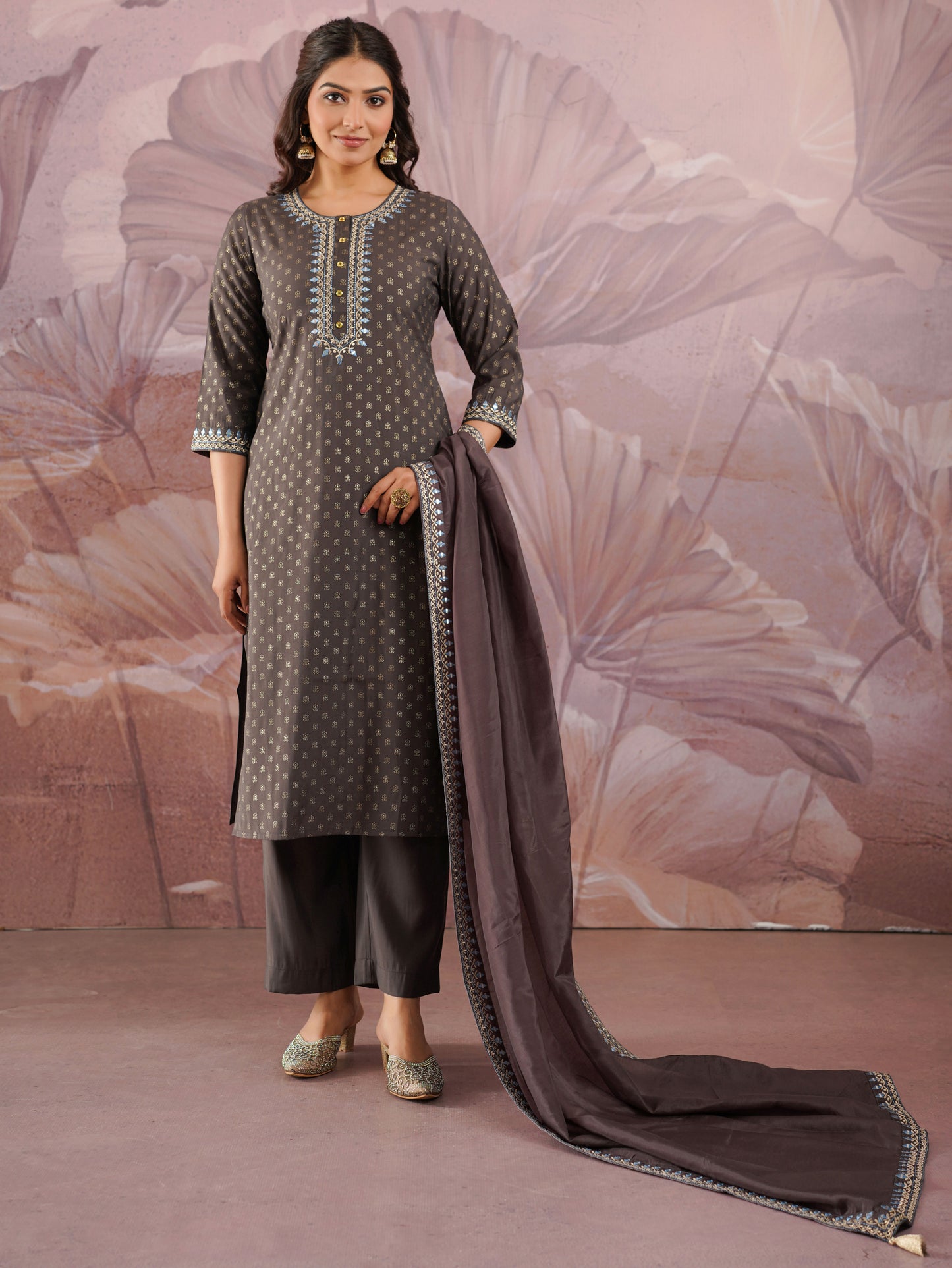 Embroidered Chanderi Gold foil Straight Grey Kurta
