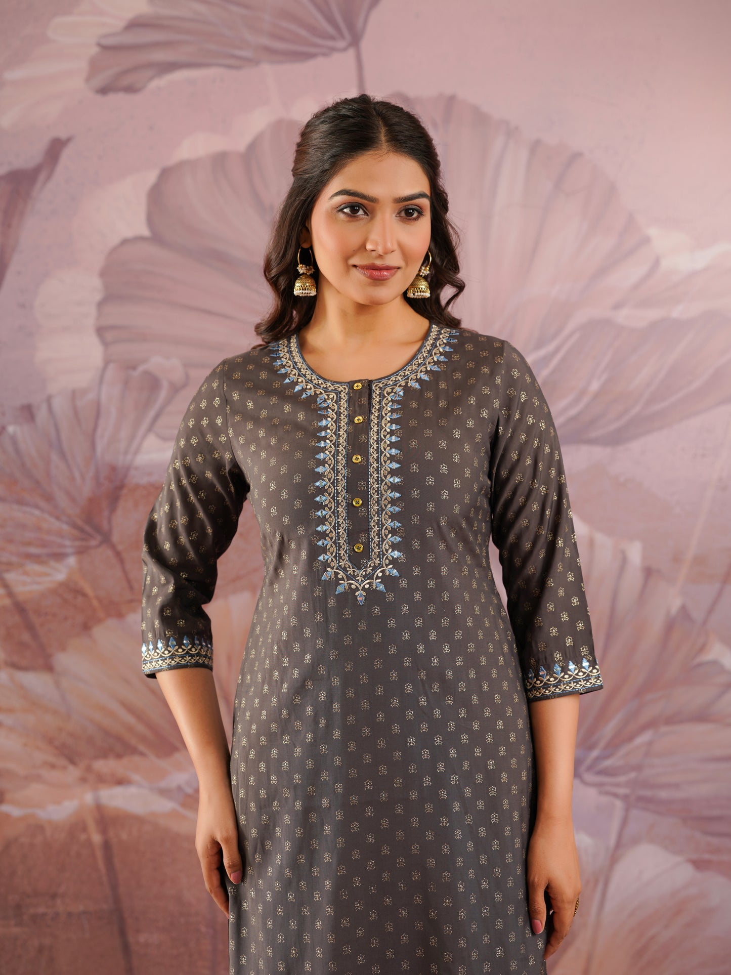 Embroidered Chanderi Gold foil Straight Grey Kurta