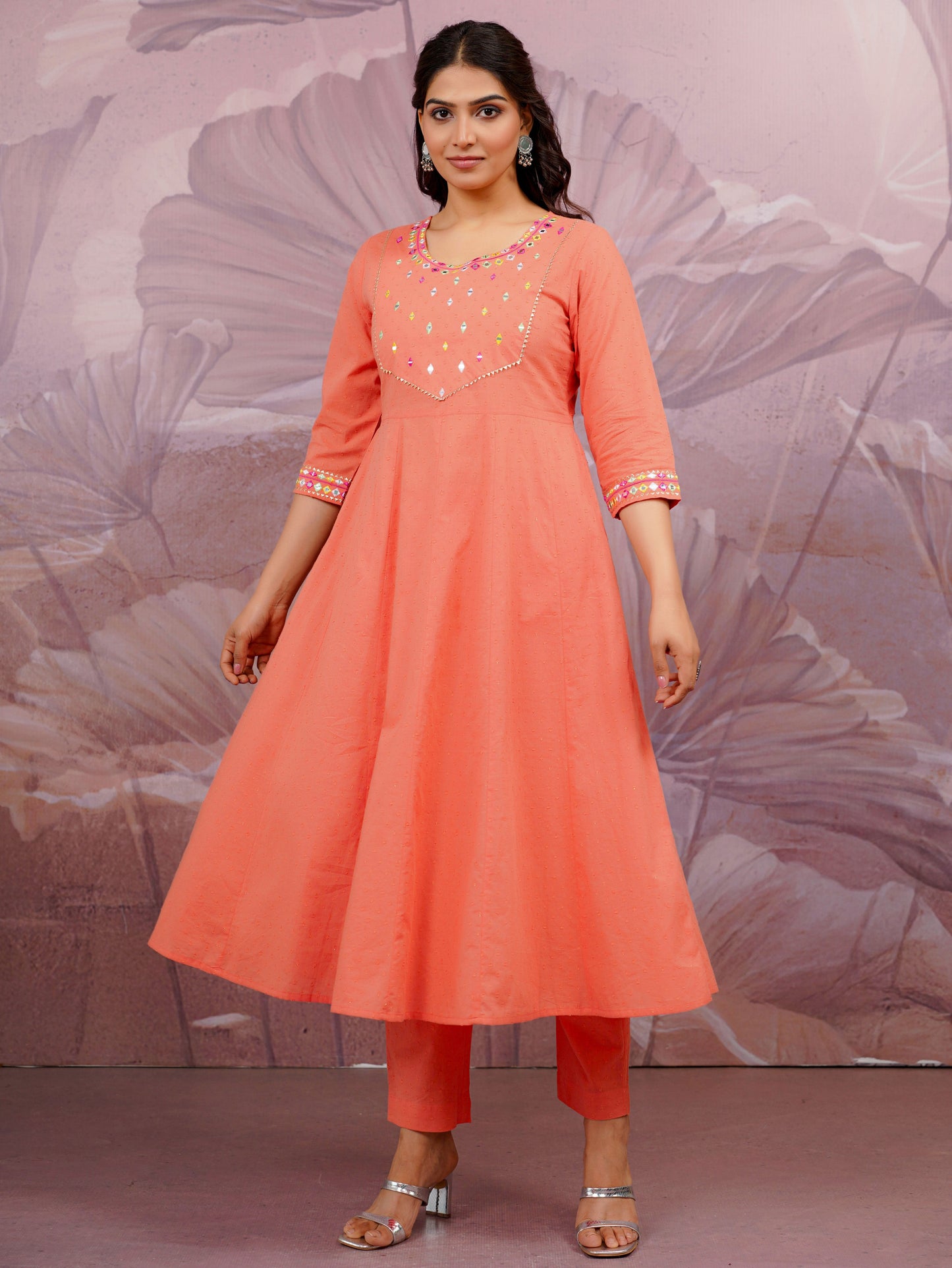 Embroidered Cotton Dobby Solid Anarkali Peach Kurta