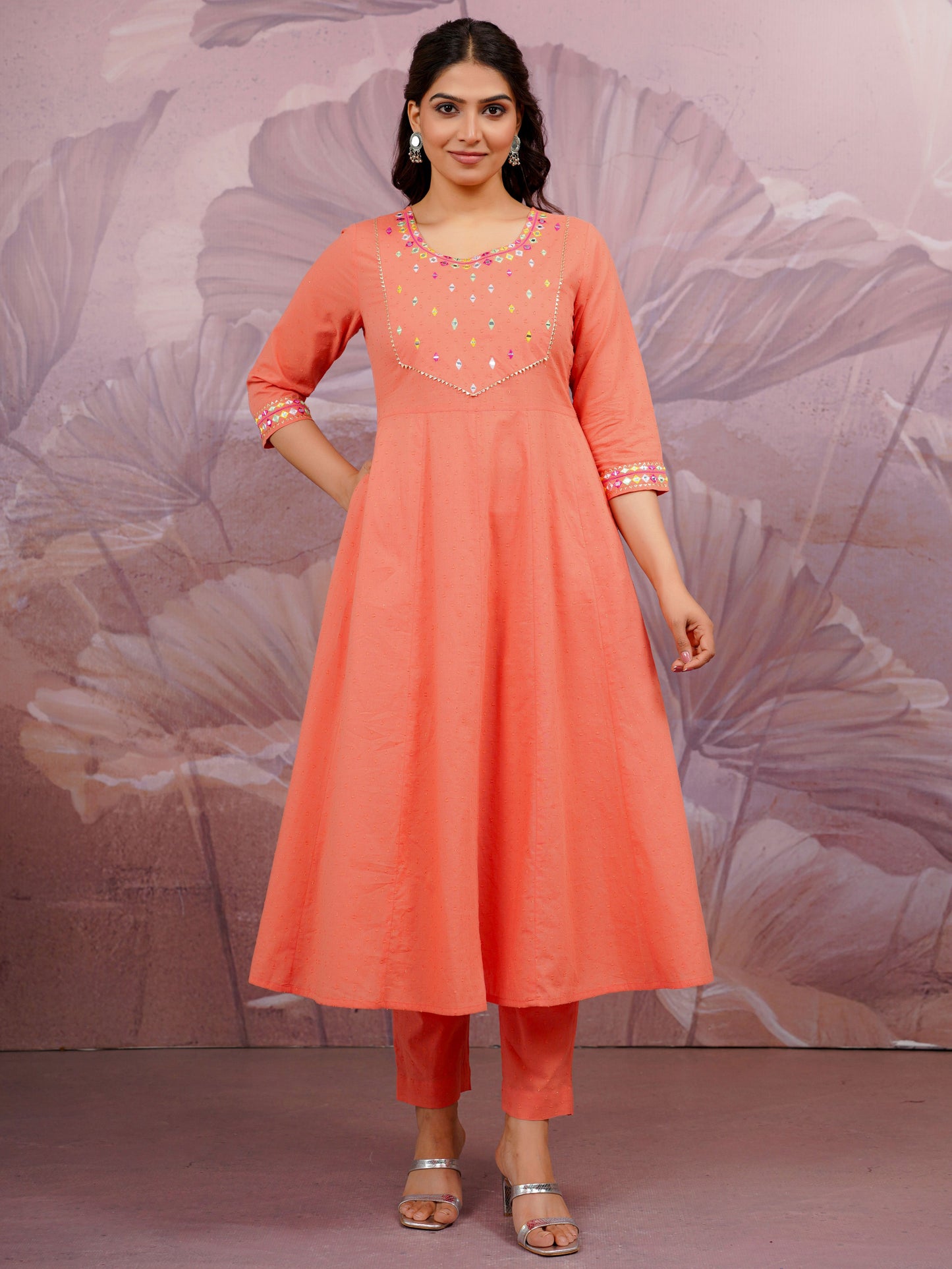 Embroidered Cotton Dobby Solid Anarkali Peach Kurta