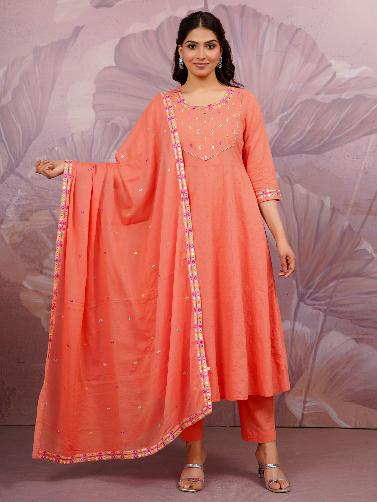 Embroidered Cotton Dobby Solid Anarkali Peach Kurta