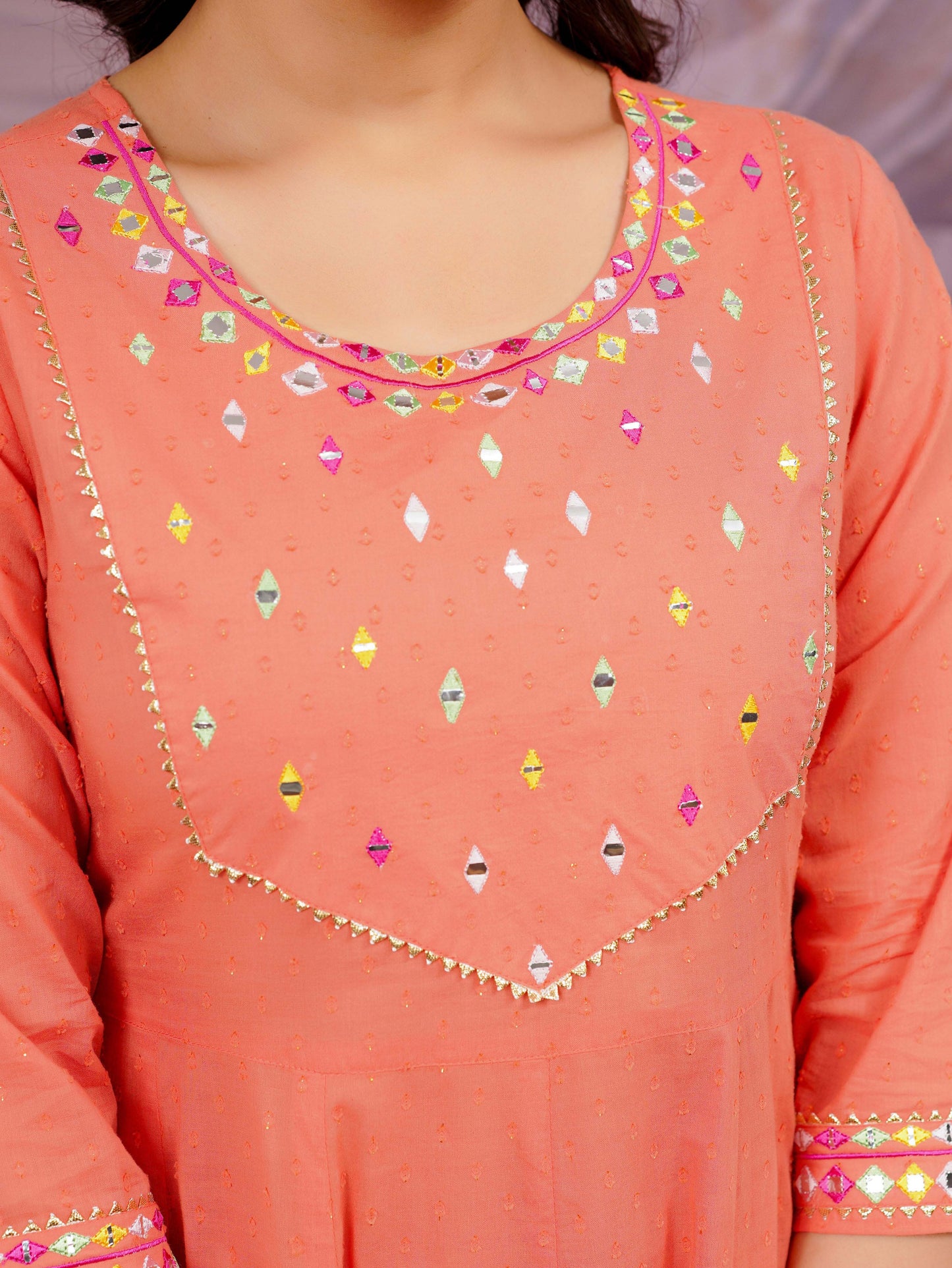 Embroidered Cotton Dobby Solid Anarkali Peach Kurta