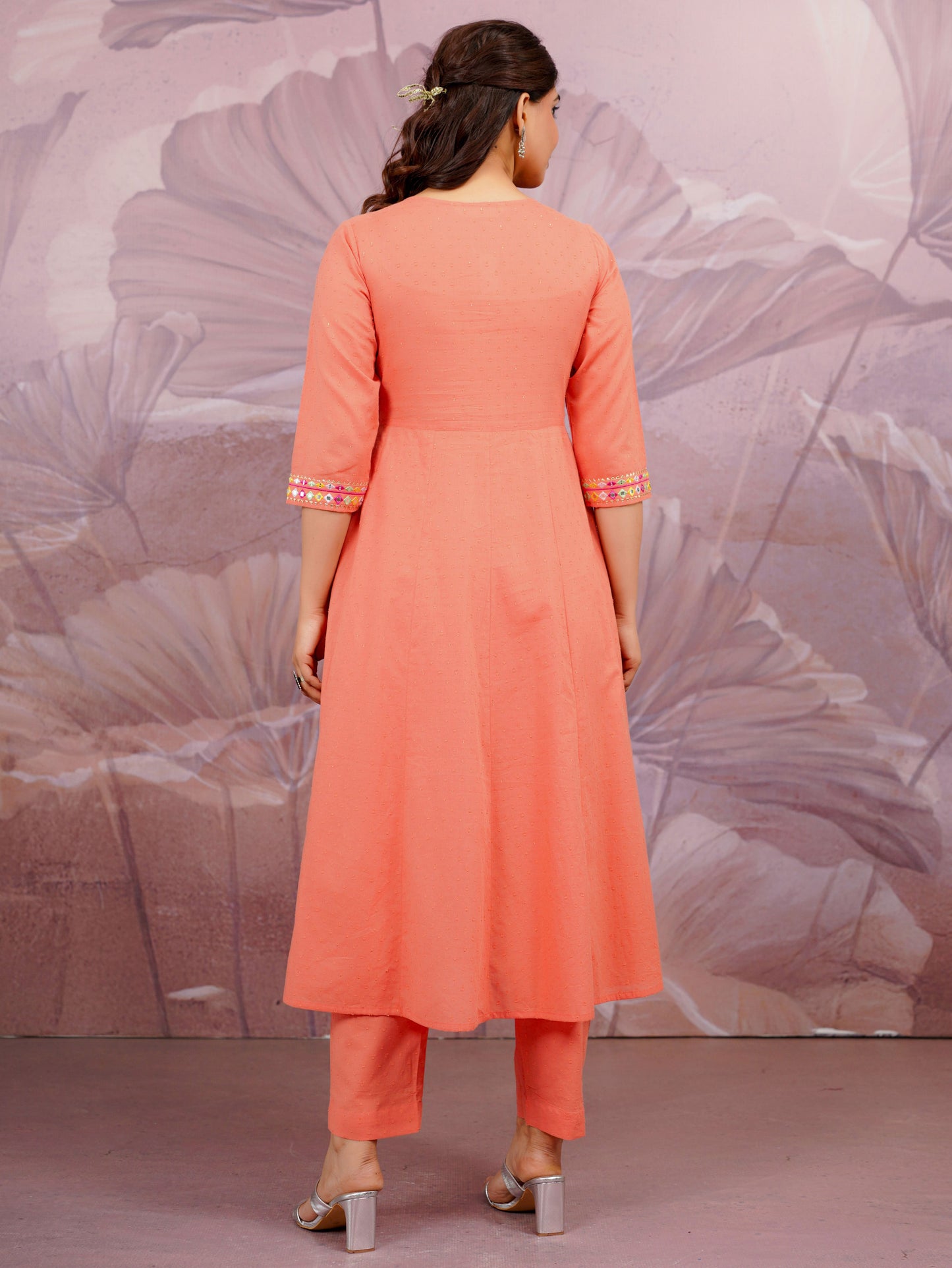 Embroidered Cotton Dobby Solid Anarkali Peach Kurta