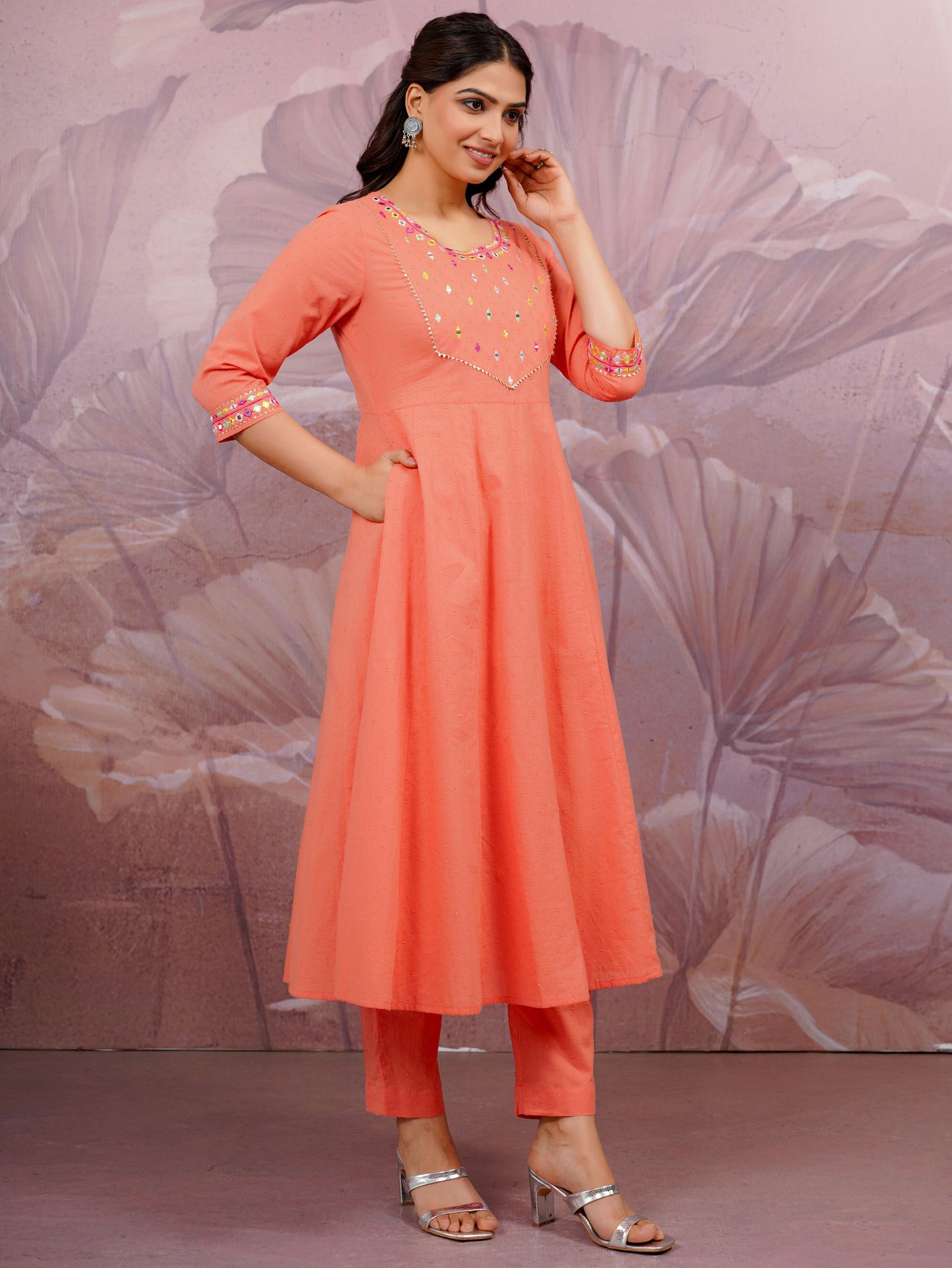 Embroidered Cotton Dobby Solid Anarkali Peach Kurta
