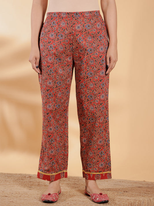 Soft Cotton Ajrakh Red Straight Trousers