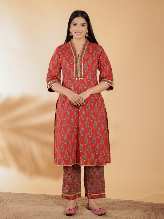 Soft Cotton Ajrakh Straight Red Kurta