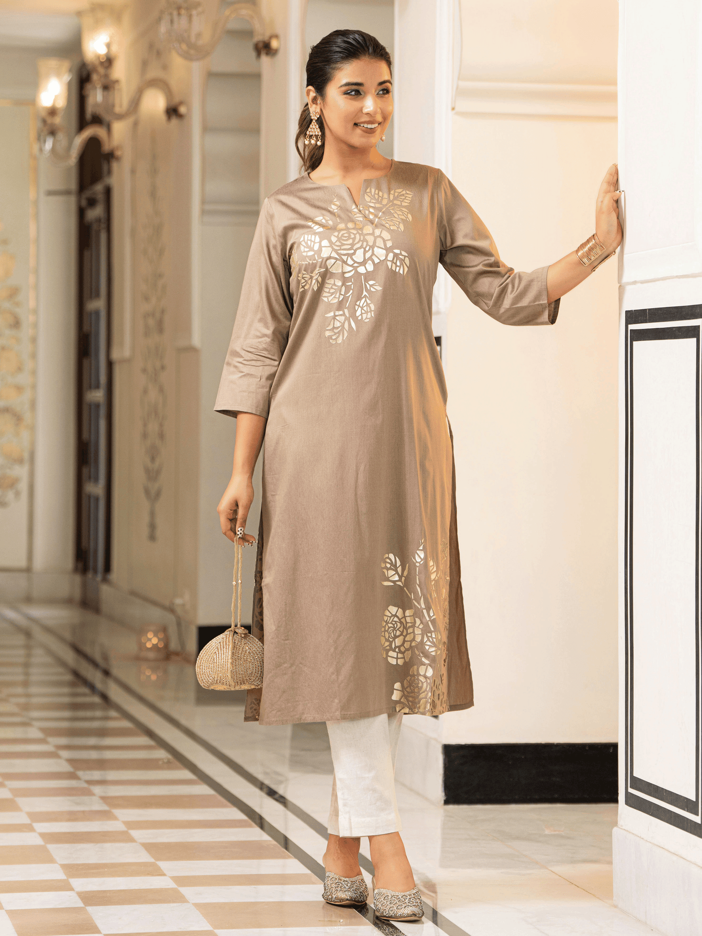 Chanderi Placement Print Straight Brown Kurta