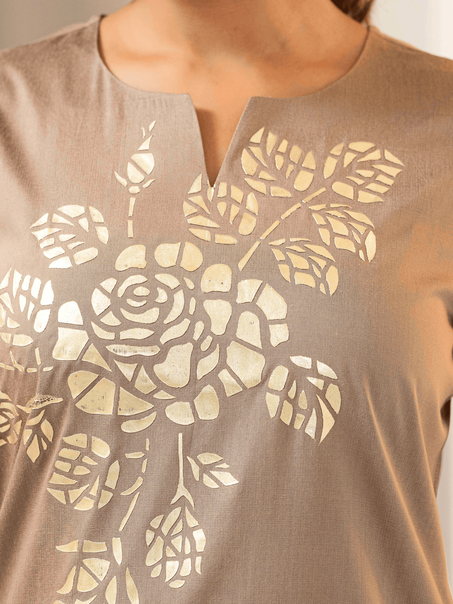 Chanderi Placement Print Straight Brown Kurta