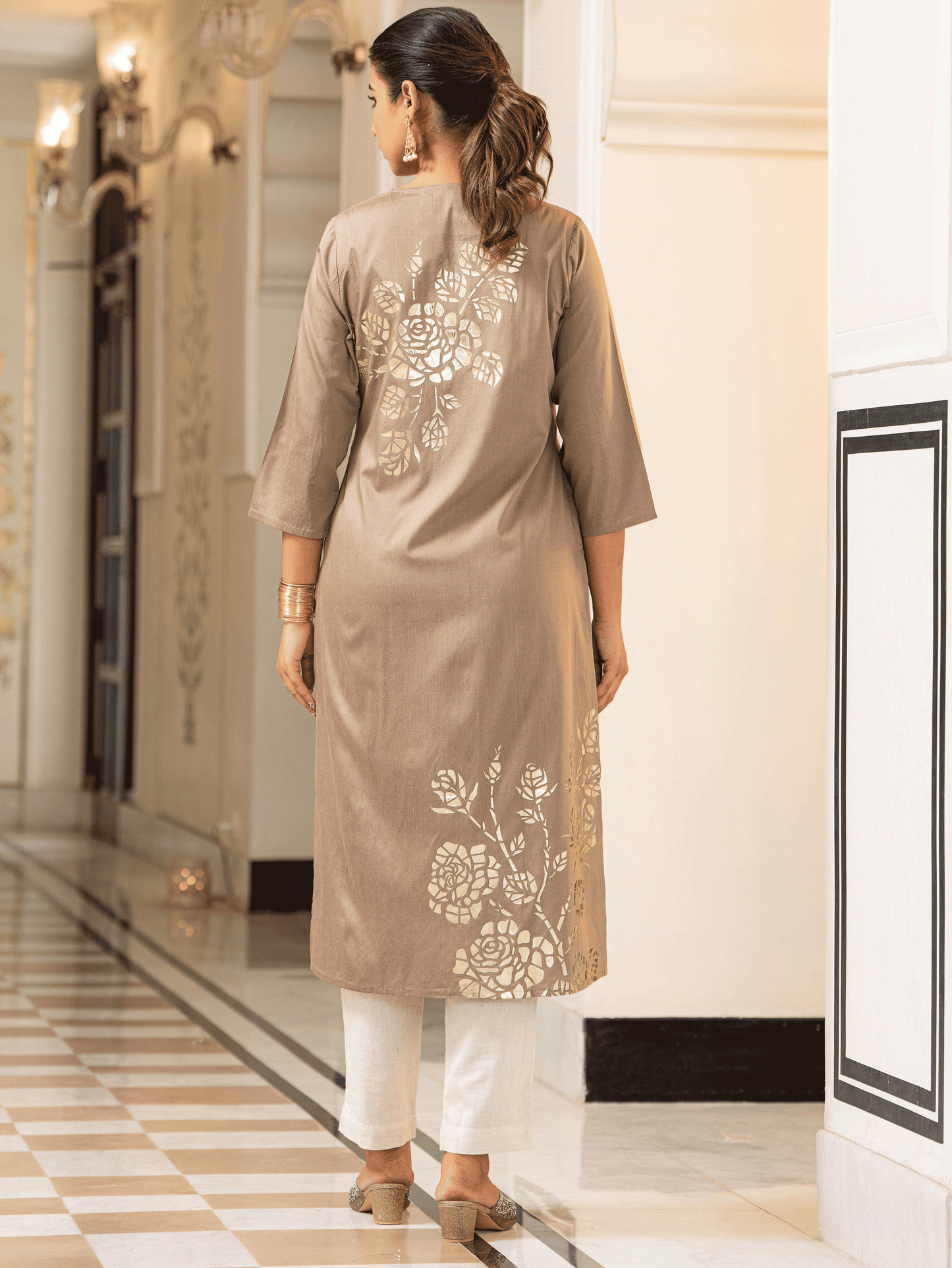 Chanderi Placement Print Straight Brown Kurta